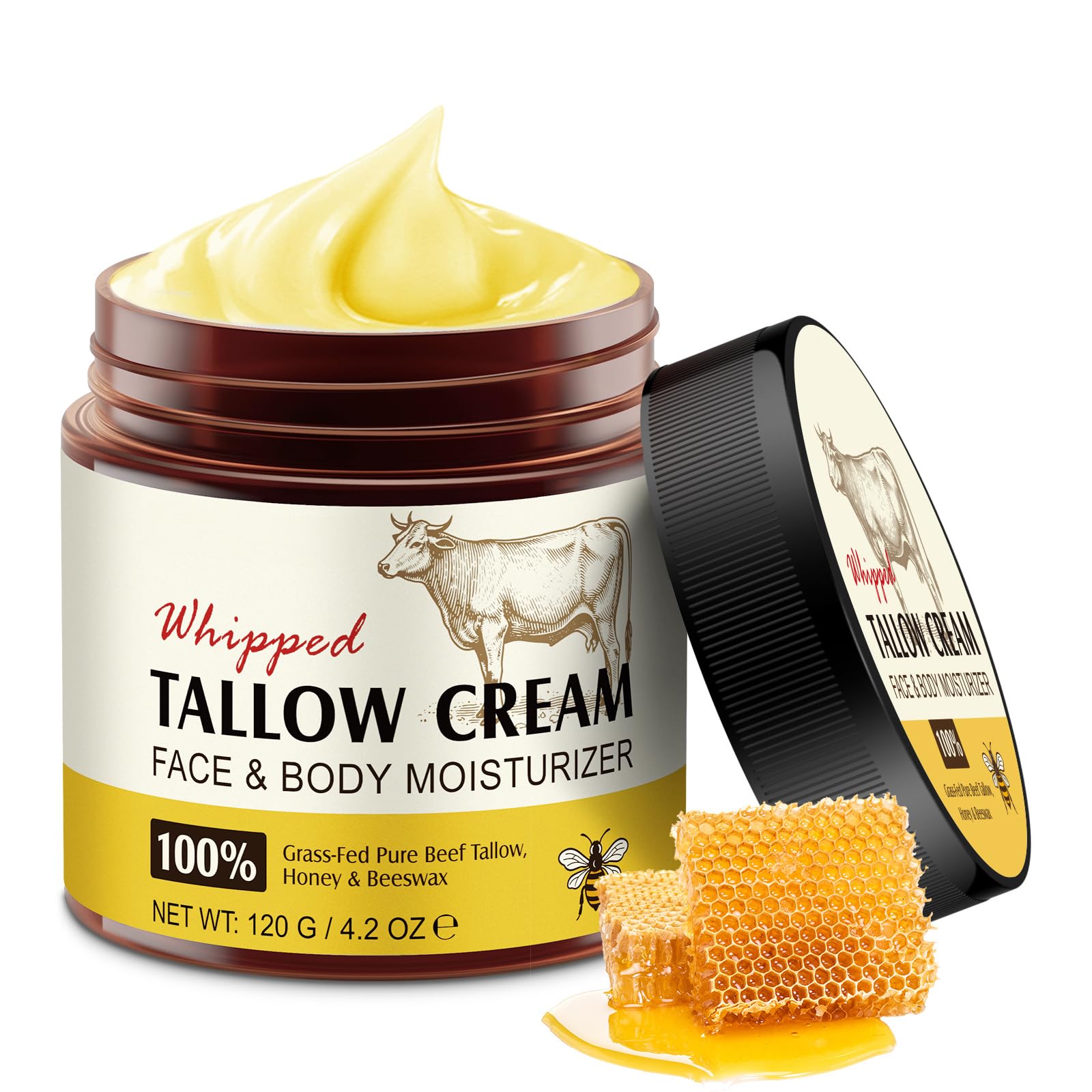 Beef Tallow Skincare - Beef Tallow Honey Balm,Beef Tallow Cream for Skin Care,Rindertalgbalsam zur Hautpflege,Tief nährende Pflege für Gesicht und Körper 120 g