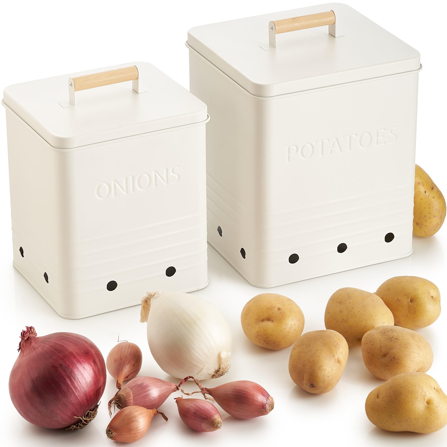 Beautiful Potato and Onion Storage Container Set - Perfectly Sized Spacious Canisters For Your Kitchen Counter Or Pantry - Quality Food Safe Metal
