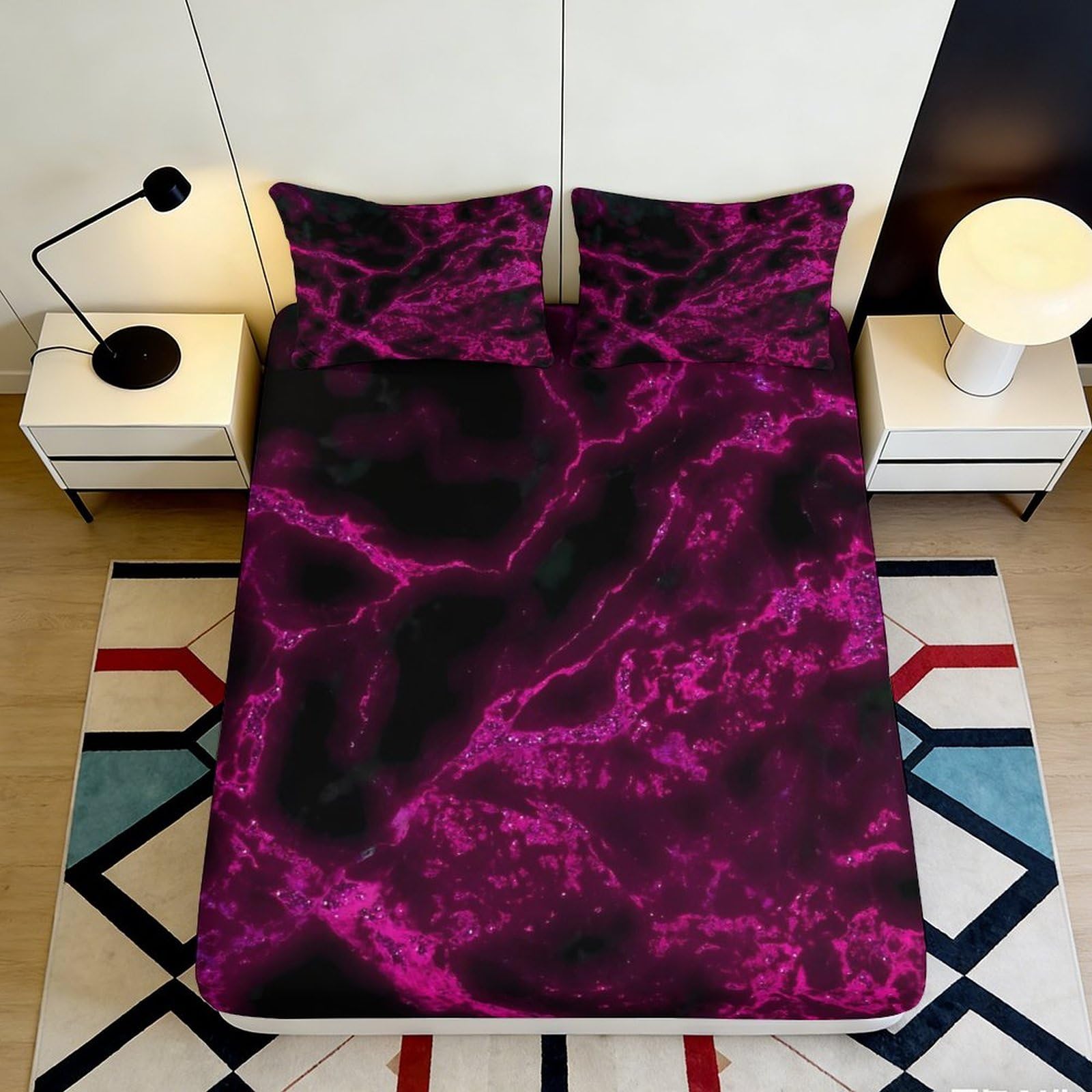 3D Printed Purple Marble Fitted Sheet Microfiber Soft Deep Black Lightning Bed Cover for Bedroom Guest Room Mattress Decor 90x200x25cm