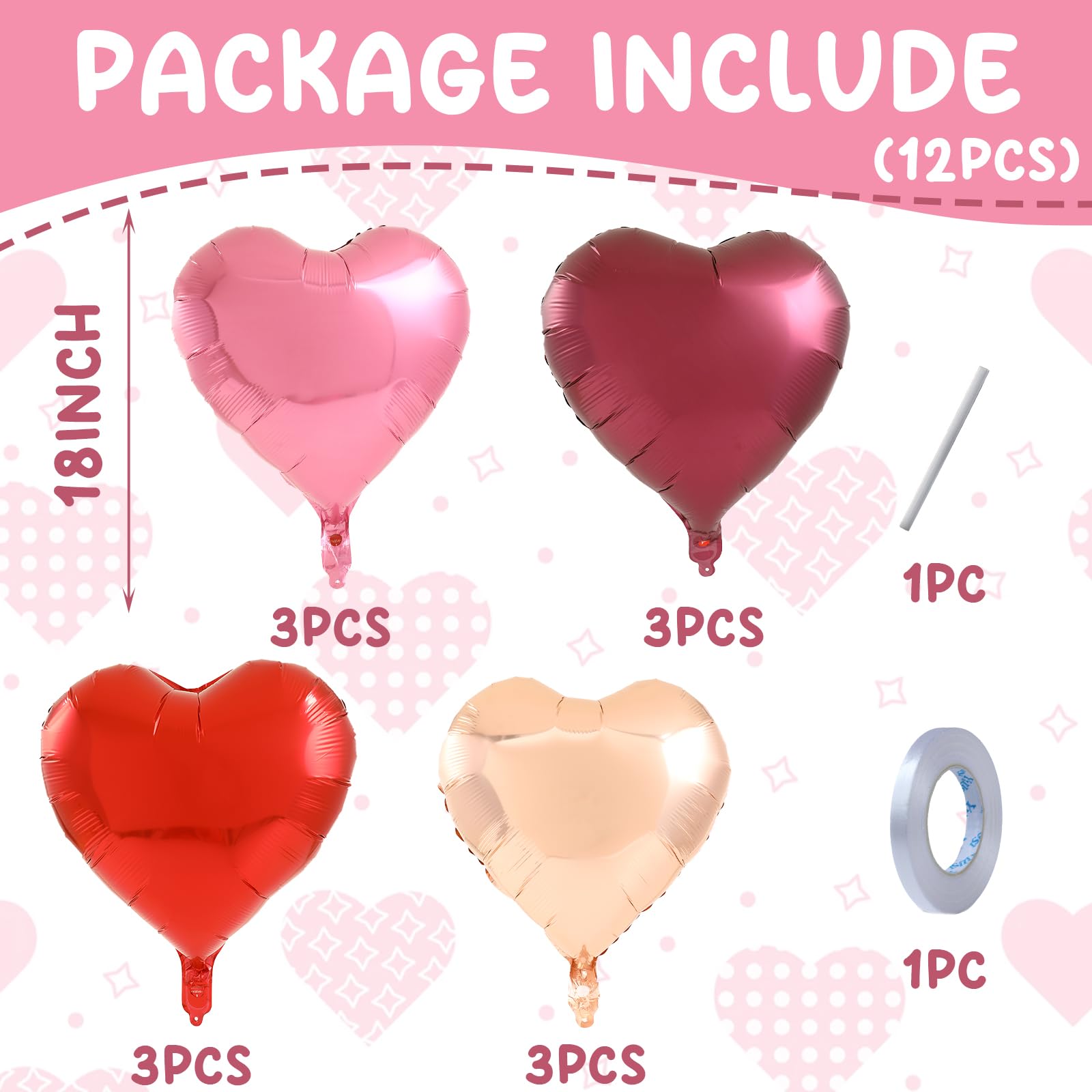 QIFU Red Pink Heart Balloons 12pcs, Dark Red Gold Pink Love Heart Balloons Valentines Balloon - Image 2