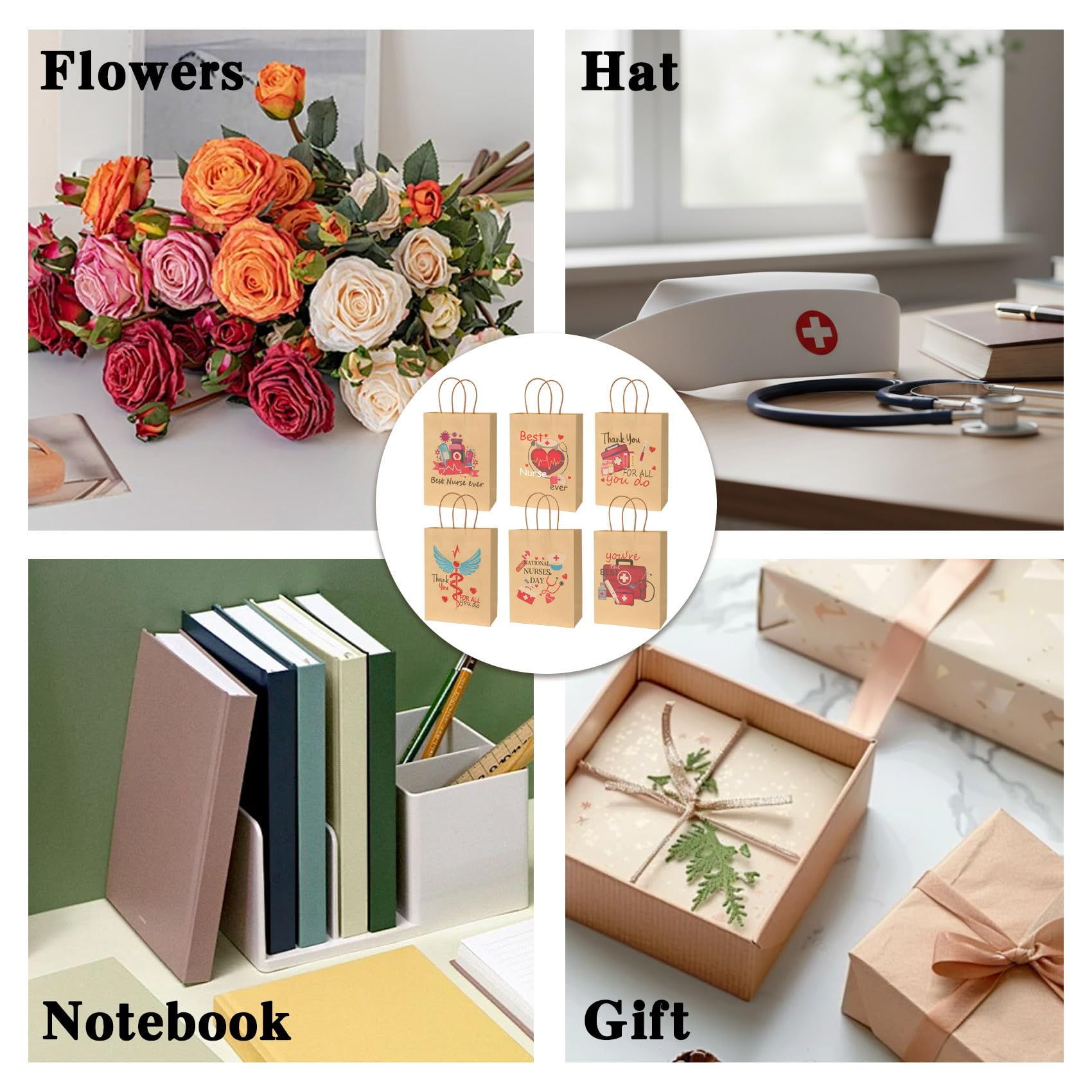 Nurse Gift Bag, 12 Pack Nurse Kraft Paper Treat Bags Nurses Week Gift Wrap Bags Healthcare Worker Goodie Bags Medical Assistant Gifts Bags with Handles for Nursing Day Medical Staff Gifts Supplies
