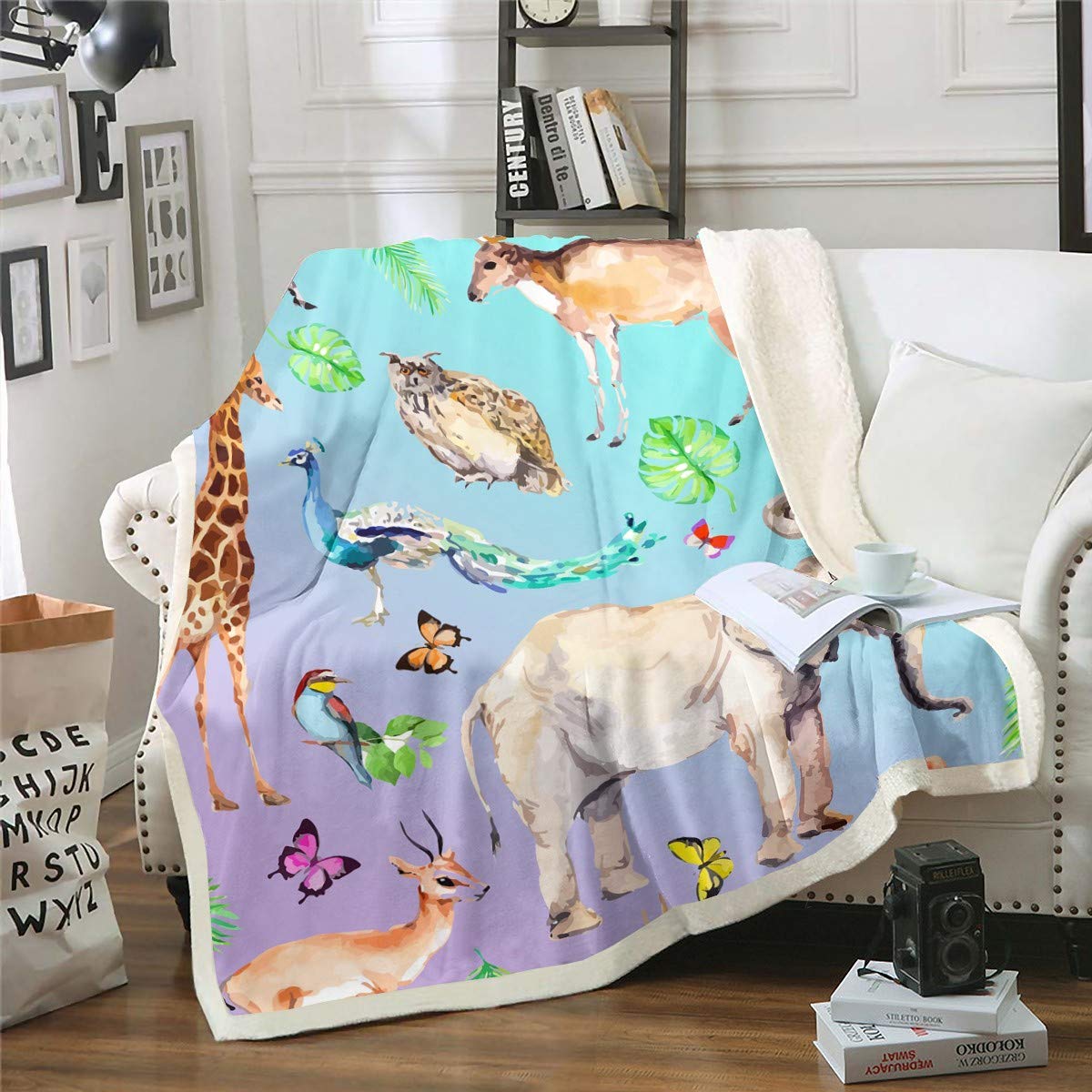 Loussiesd Kids Cartoon Cute Elephant Giraffe Peacock Print Fleece Throw Blanket Zoo Animal Themed Sherpa Blanket for Couch Bed Sofa Decor Butterflies Nature King 87"x94"