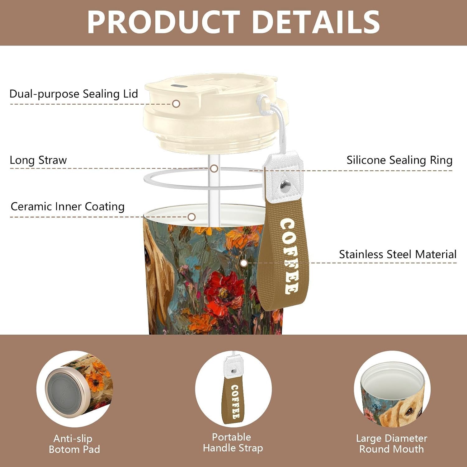 Labrador Garden Vintage Insulated Coffee Mug with Straw & Flip Lid, 16.9oz Iced Tumbler Cup, Double Wall Vacuum Leak-Proof Mug for Travel Office