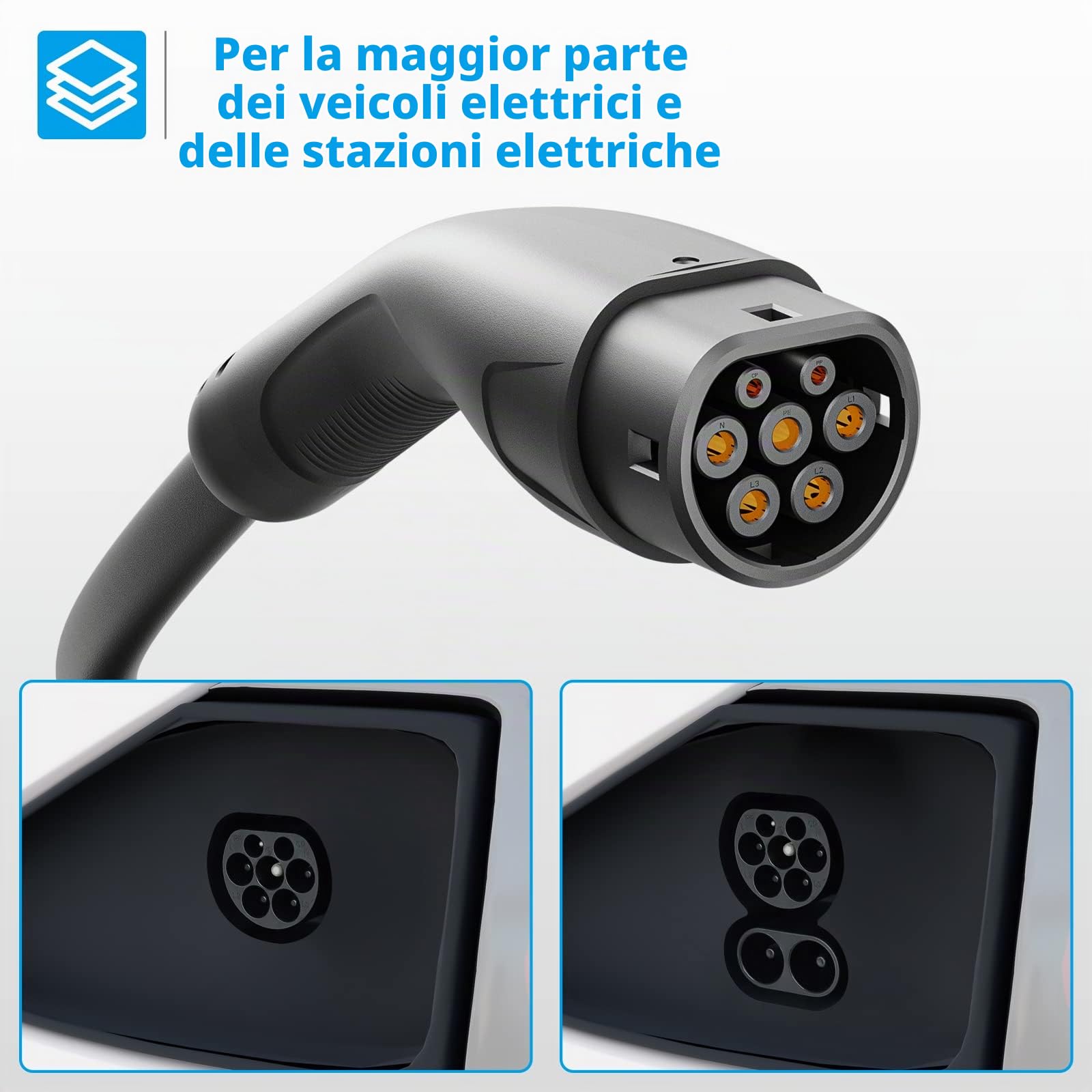 Rosaking Cavo Ricarica Auto Elettrica Tipo 2 22kW, 5M EV Con 3 Fasi＆IEC 62196, 32A Charger per la Maggior Parte dei Veicoli E Hybrid ed Elettrici