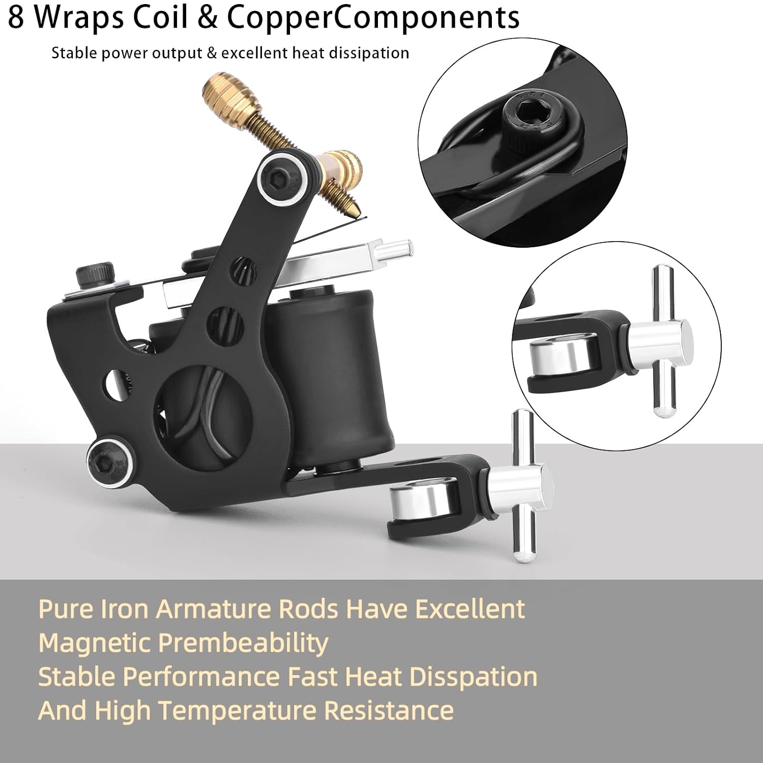 Tattoo Coil Machine 8 Wraps – Black Iron Frame Liner Shader Gun for Tattoo Beginners Starters