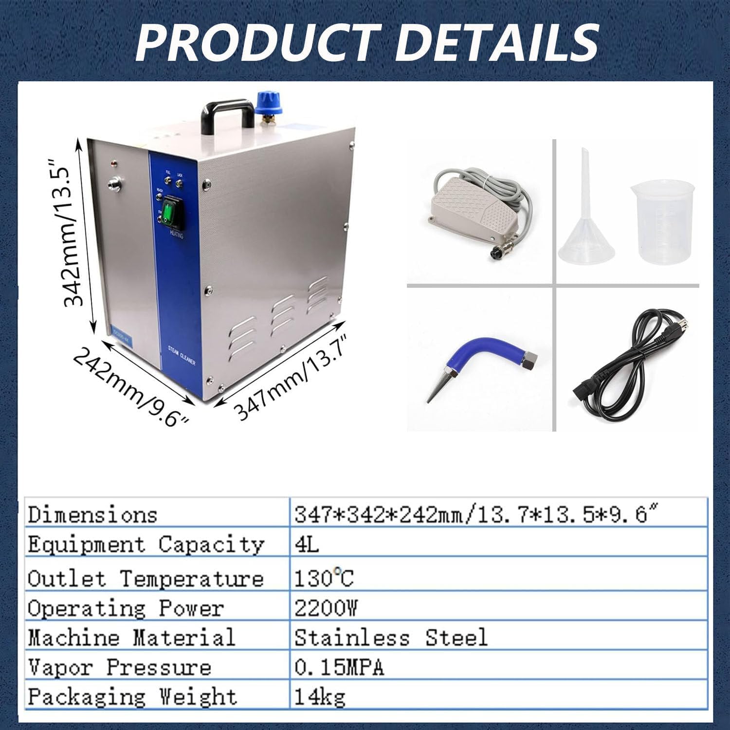 Pulitore a vapore per gioielli, 1300 W/2200 W, vaporizzatore ad alta pressione in acciaio inox, 2 l/4 l per casa, auto e negozi di gioielli. (4L)