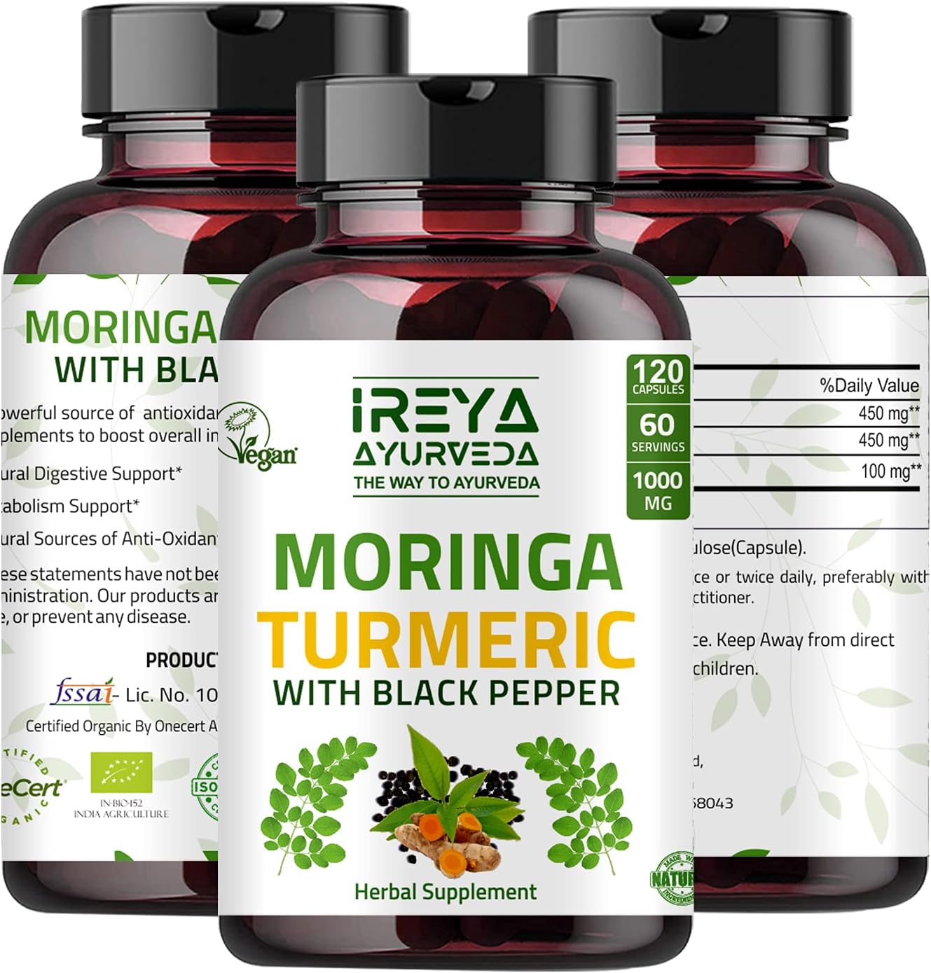 Organic Moringa Oleifera Powder & Turmeric Root Powder with Blackpepper 120 Capsules | Made with Organic Moringa, Turmeric and Black Pepper | Vegan, Gluten-Free and Non-GMO.