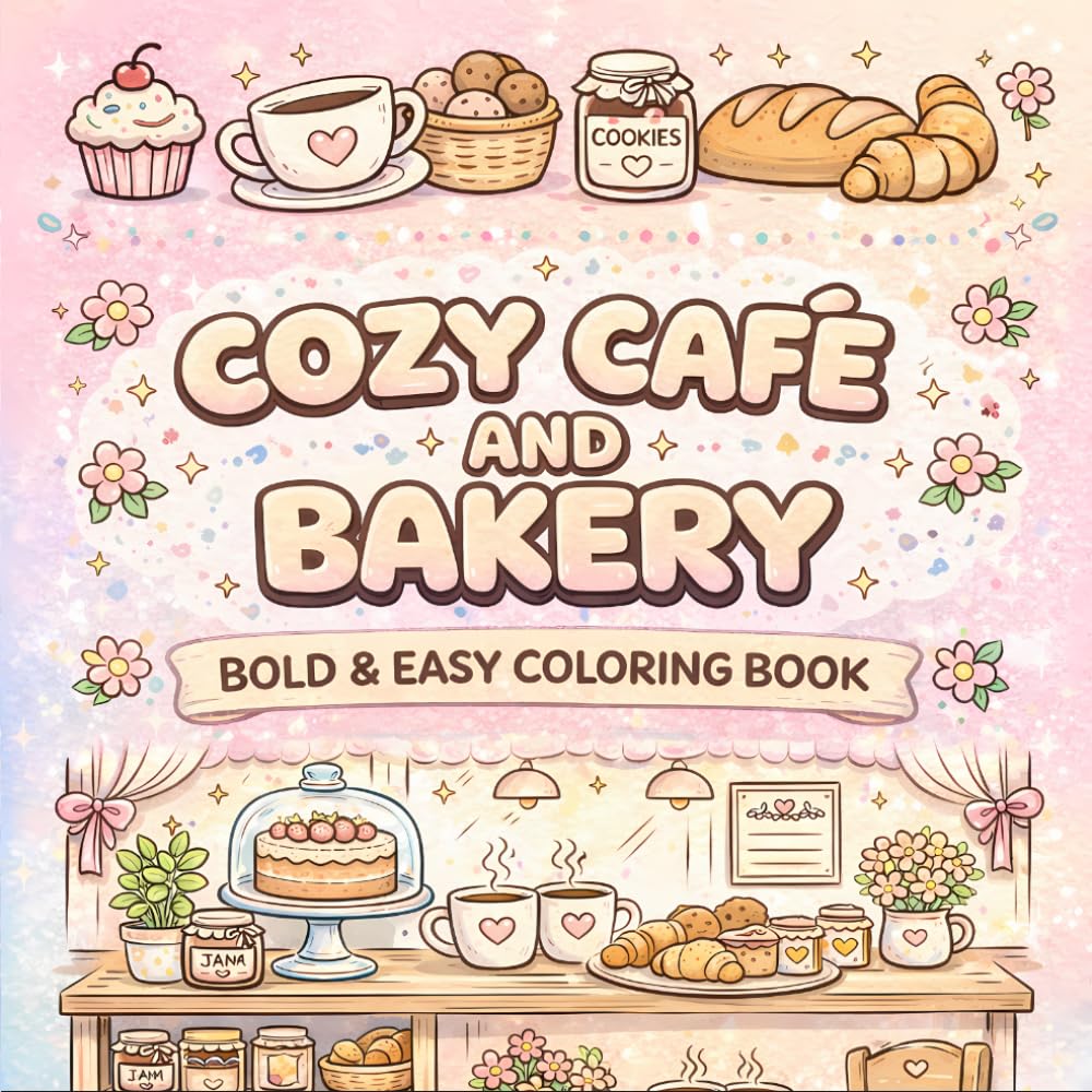 Cozy Cafe and Bakery Coloring Book for Adults and Teens & kids: Bold & Easy Cute Coloring Pages with Cakes, Coffee, Pastries, and Sweet Cozy Shop Scenes