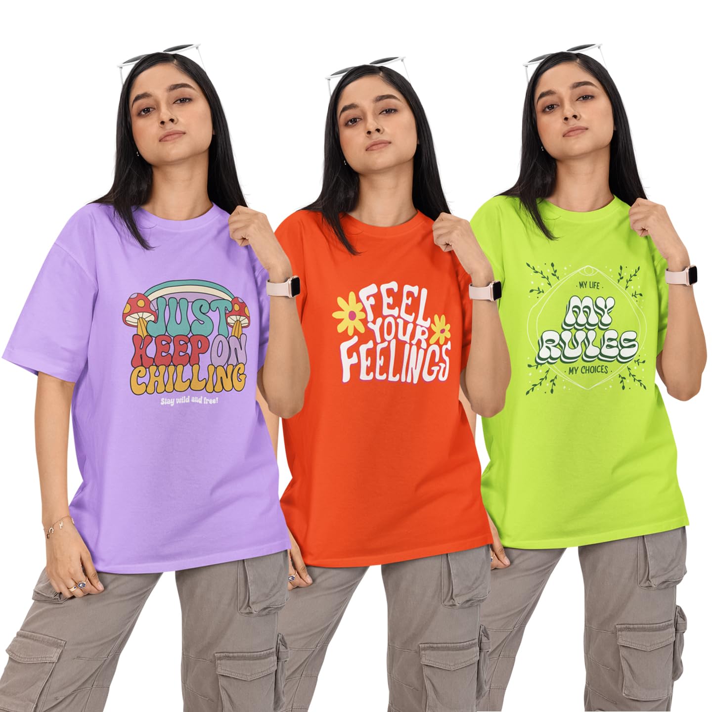 Women 100% Cotton Oversized Loose Fit Tshirts | Soft, Durable & Breathable Tee | 180 GSM, Everyday, Yoga, Gym Casual Wear Stylish T-Shirt for Women Combo Pack of 3-image-7