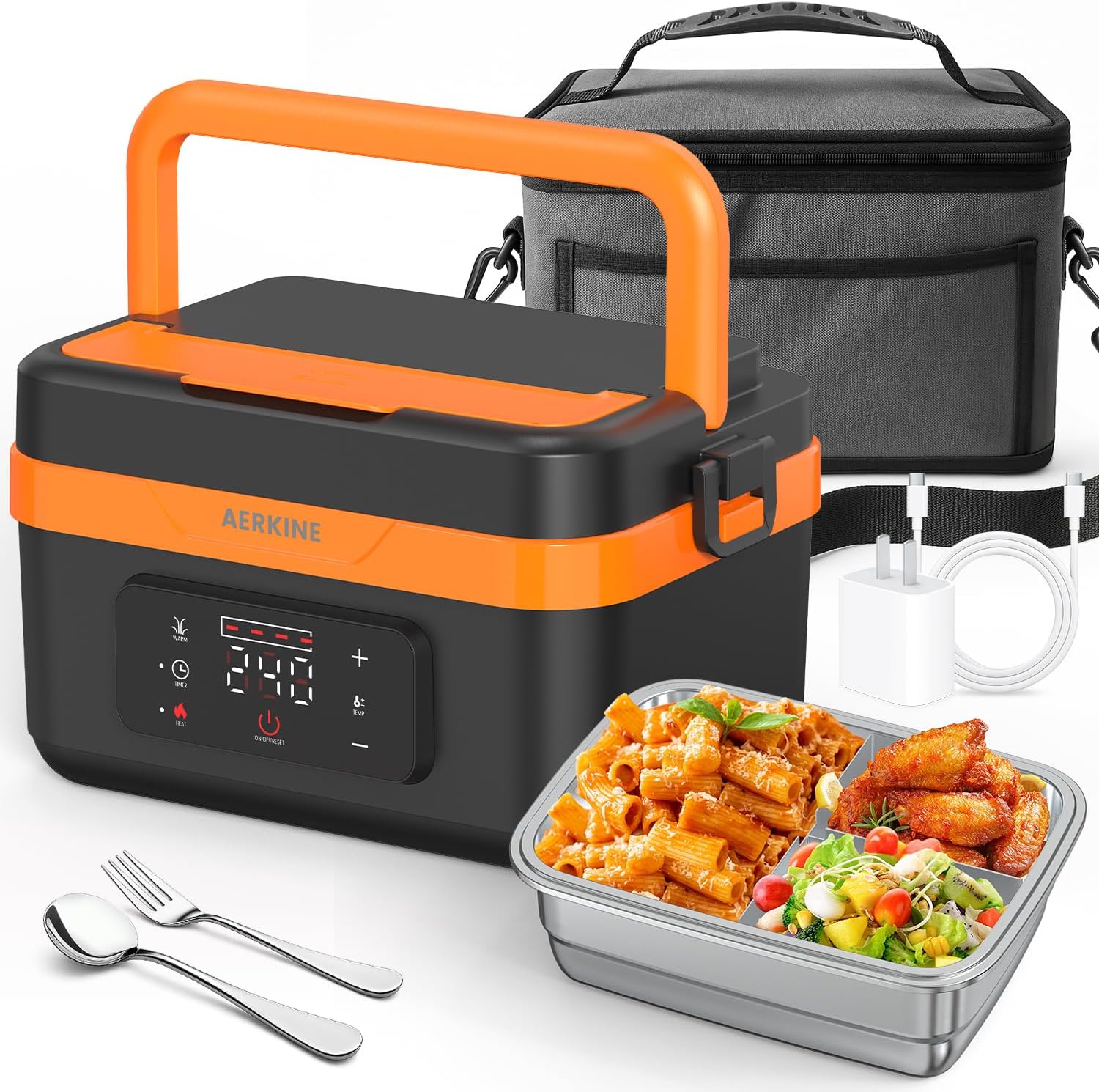 Electric Lunch Box For Adults - Rechargeable 75W Self-Heating Food Warmer with 6.3 Cups(1.5L) Stainless Steel Container, Heated Lunch Box For Office, Picnic, Car & Outdoor Use(Orange)