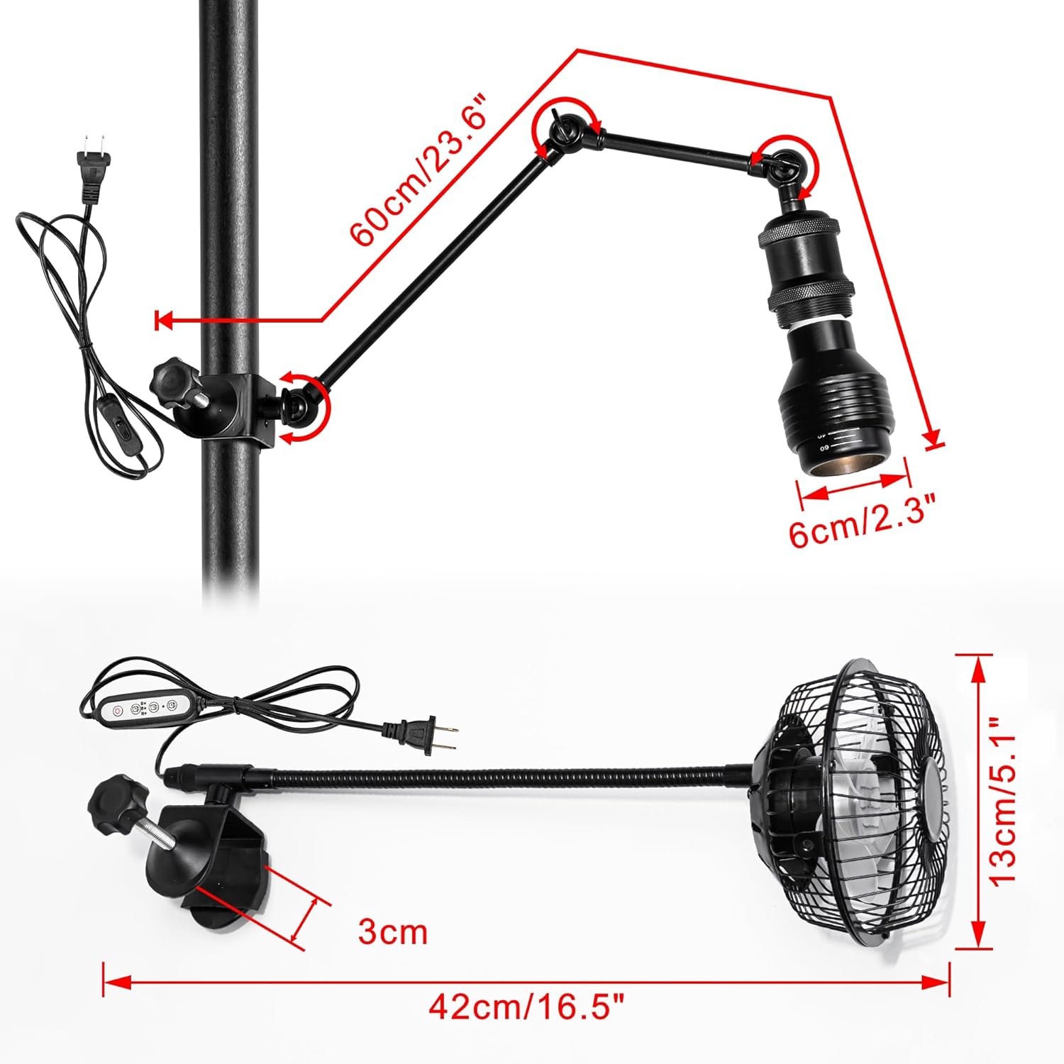 Clip-On Grow Light & Timer Fan 5.9ft Plug-in Cord, Adjustable Angle Black Metal Vintage Design Full Spectrum 4500K 10W Bulb for Indoor Plants Home