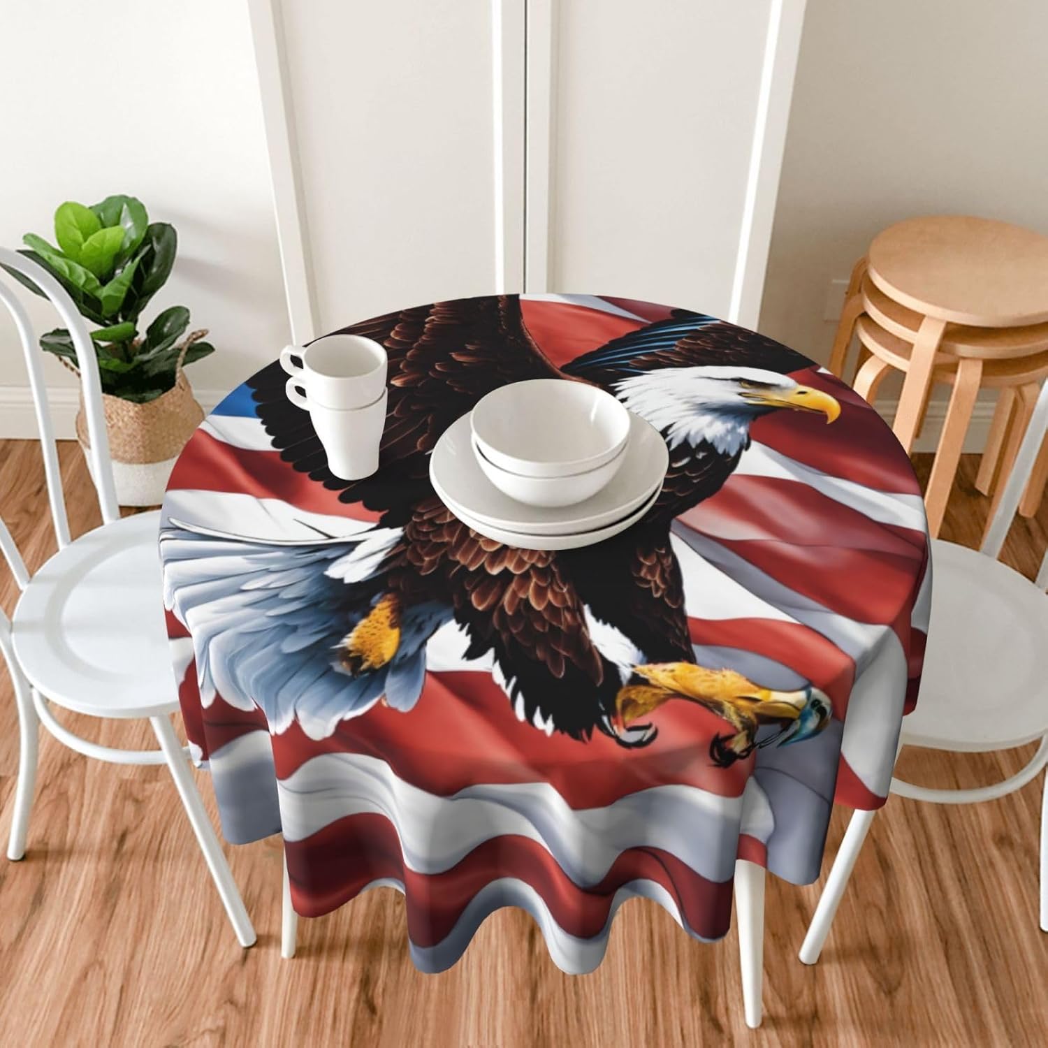 Eagle with USA Flag Print Wrinkle Free Dining Table Cover for Birthday Party Farmhouse Tablecloths Up to 60 x 60 Inches