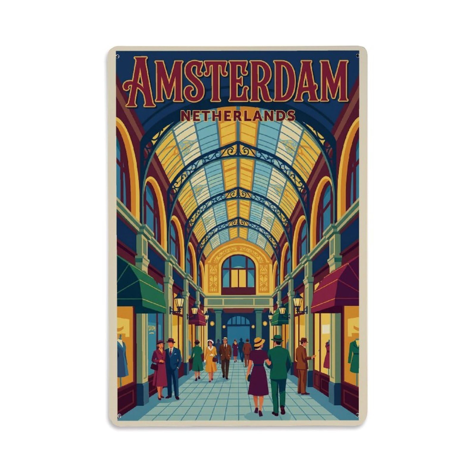 Okngb Style Retro Arcade Amsterdam Historic Landmark Architecture Metal Tin Sign Plaque Wall Decor For Cafe, Man Cave, Club Bar, Office, Home Garden Round Metal Poster 8X12inch