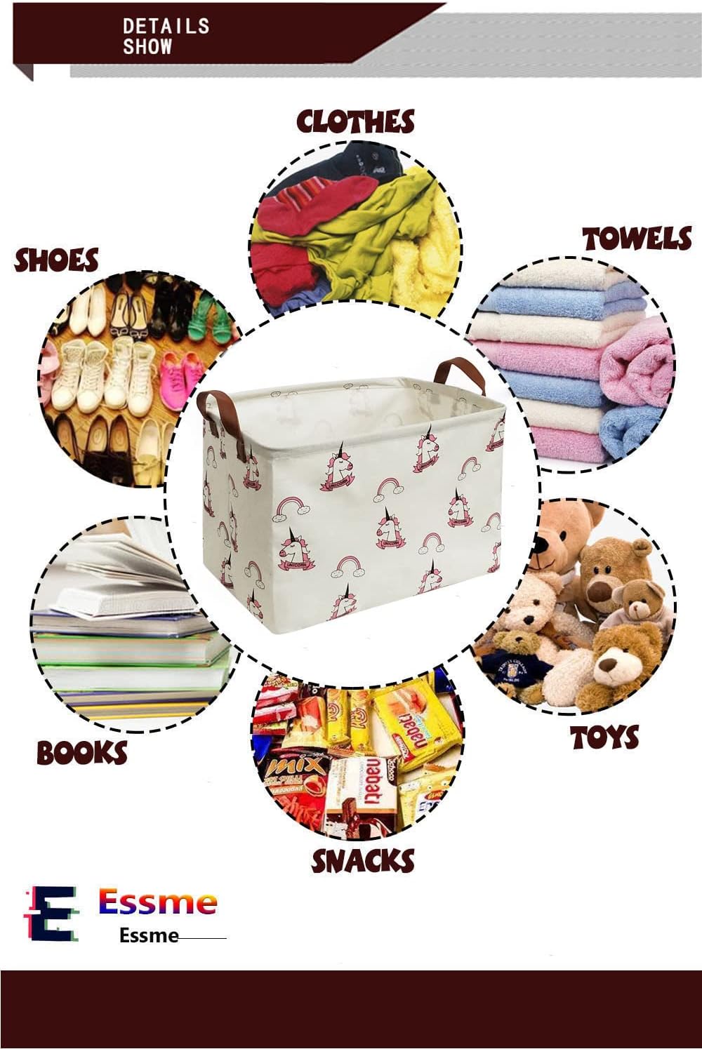 Essme Rectangular Fabric Storage Box,Collapsible Storage Basket Bins Organizer with Handles for Kids Room,Shelf Basket,Toy Organizer (Rainbow Unicorn)