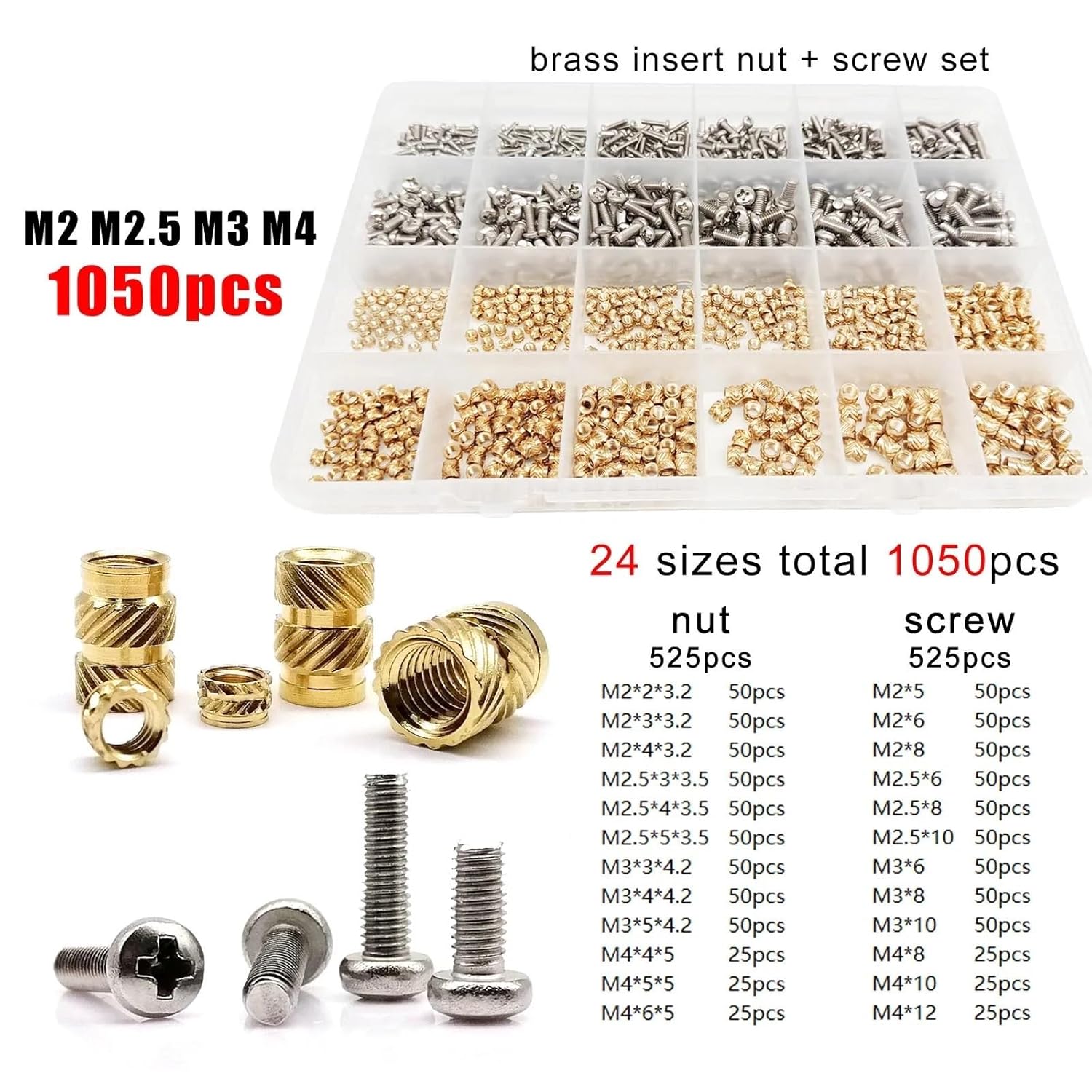 M1.4 M1.6 M2 M2.5 M3 M4 M5M6 Brass Copper Twill Knurled Thread Hot Heat Melt Injection 3D Print Embed Insert Nut Screw Kit Set(M2M2.5M3M4 1050pcs)