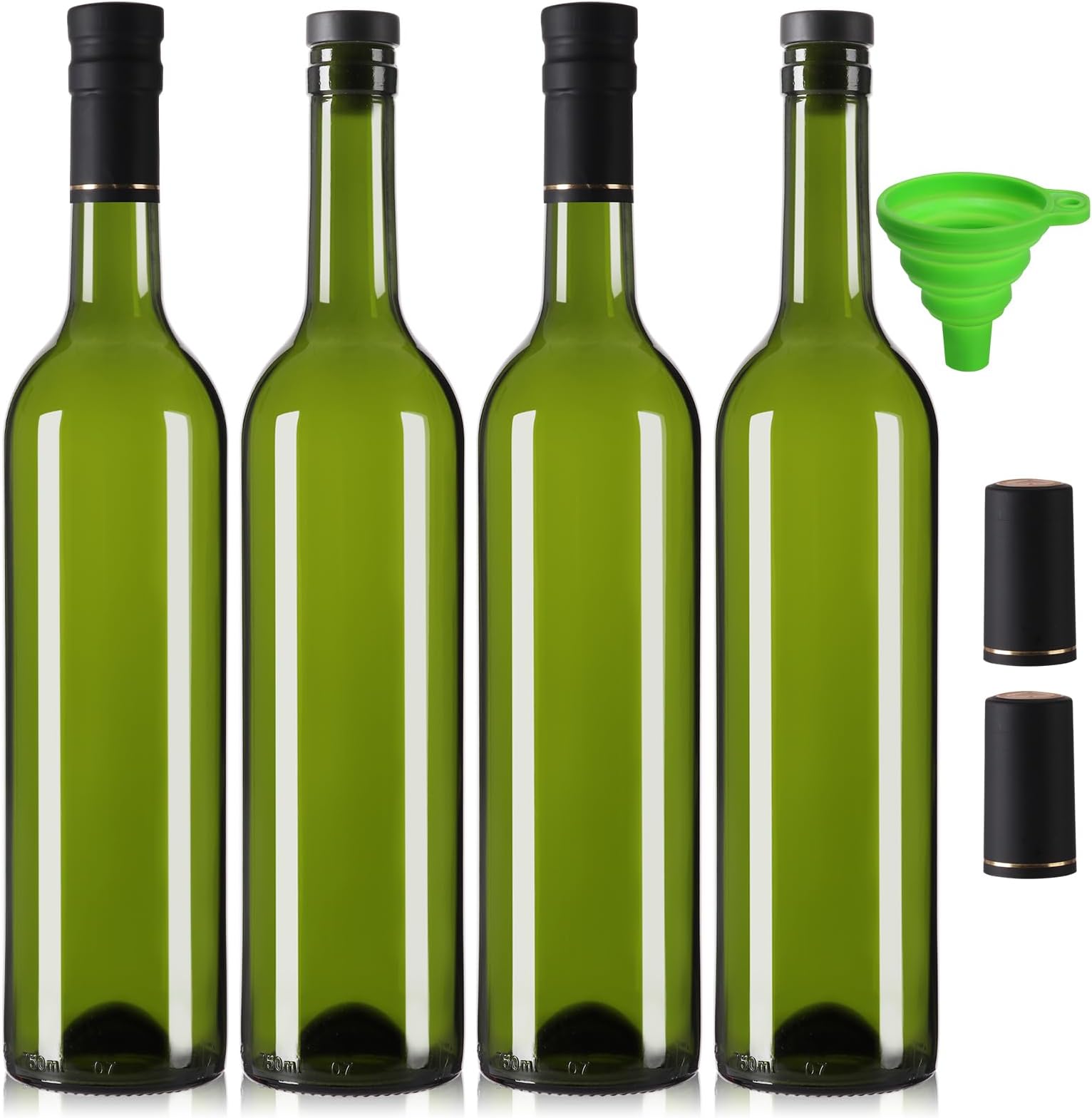 4 Pack 750 ml Green Glass Bottles With T-top Caps & Seal Shrink Capsules, Wine Bottles, Empty Wine Bottles with Funnel for Wine, Beverages, Juice & Kombucha