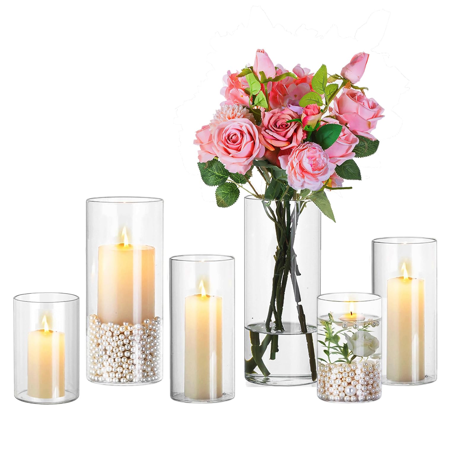 Hewory Portacandele in vetro per decorazione da tavolo: set da 6 vasi in vetro cilindro, grandi portacandele per decorazioni di nozze, portacandele in vetro spesso 3 mm, cilindri in vetro per candele
