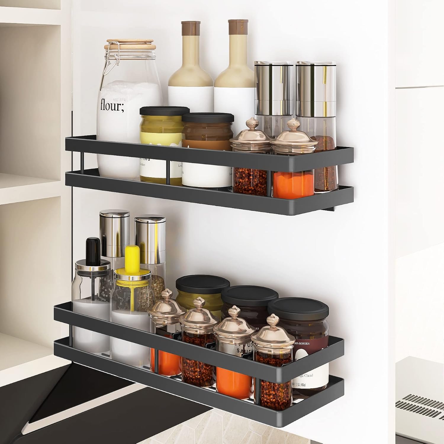 Spice Rack Organizer Wall Mount, 10" Hanging Black Spice Organizer Shelf, Farmhouse Seasoning Organizer, Space Shelves Holder for Kitchen, Flexible Bathroom Organizer (2 Pack)