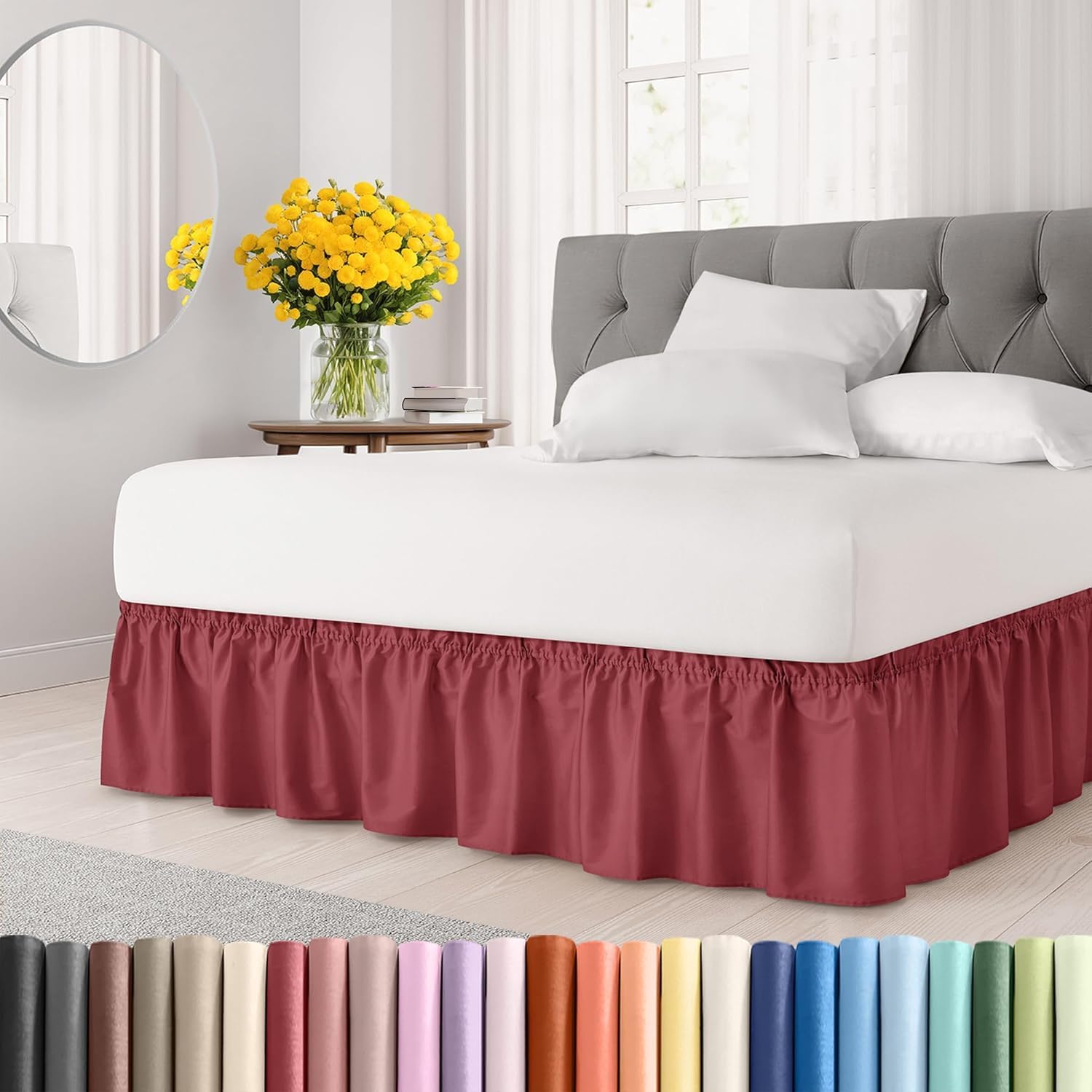 Bed Skirt – Wrap Around Dust Ruffle Bed Frame Cover with Easy Fit Elastic Strap, King Size 18 Inch Drop, Microfiber Pleated, Machine Washable | Burgundy-picture-29
