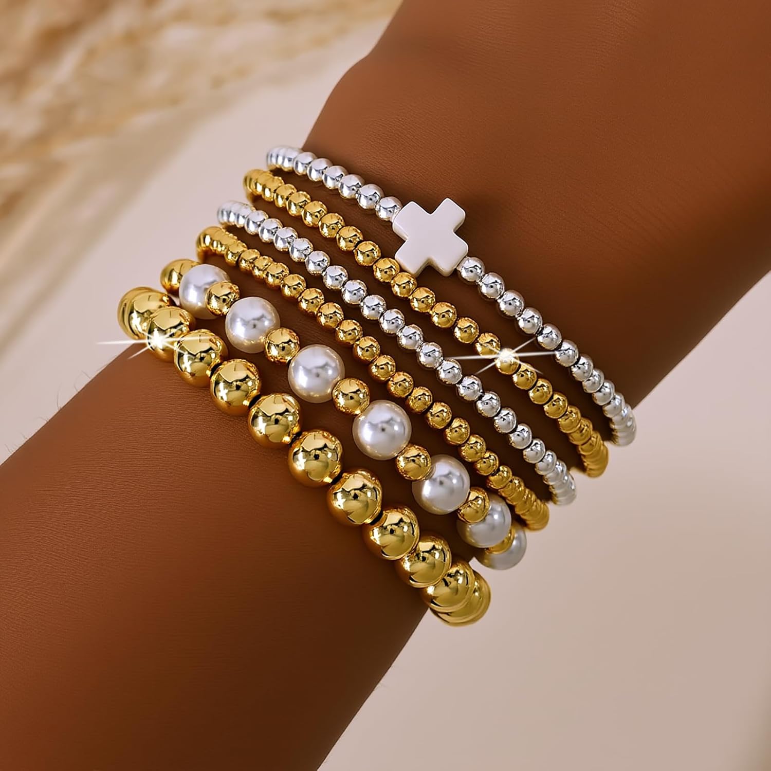 14K Gold Plated Silver Beaded White Cross Bracelets Stack for Women,Stretch Boho Christian Faith Colorful Beads Jewelry Friendship Summer Trendy Gift - Image 2