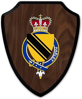 HARD EDGE DESIGN Family Coat of Arms Heritage Shield Plaque, English Garter Family Harley with Dark Wood Background