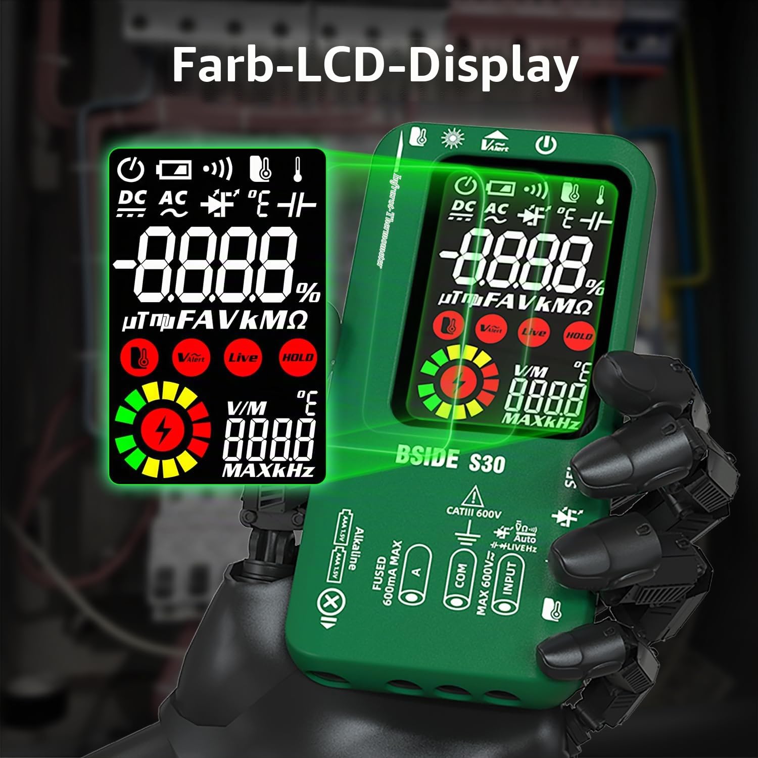 BSIDE Digitales Automatisches Multimeter Infrarot Thermometer Hochspannung Diode LED Tester 9999 Zähler Farb LCD Spannungsprüfer Strommessgerät Kapazität Diode Ohm Messgerät für LED KFZ Elektriker