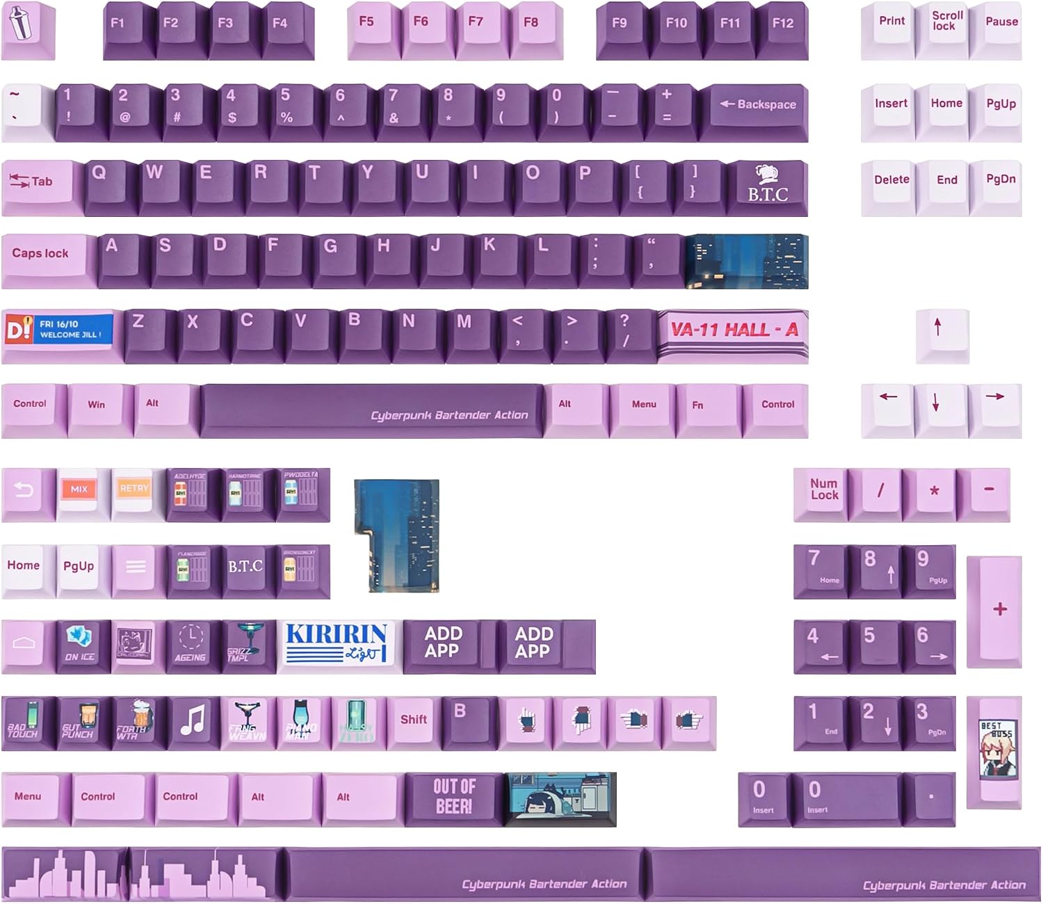 150‑Key Bright Purple Cocktail Theme Thick PBT Dye‑Sublimation Keycaps Set