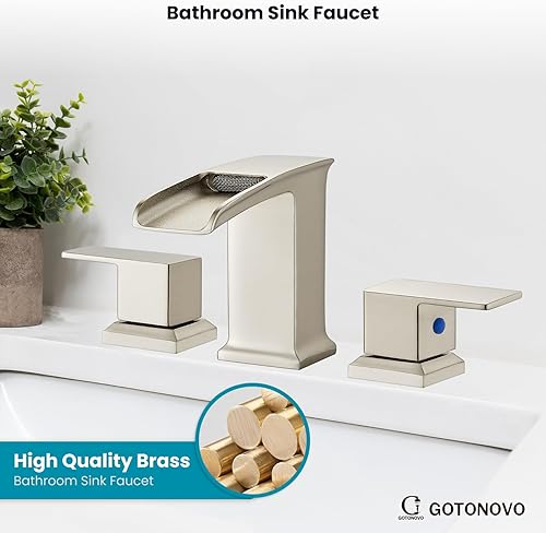 Miniatura 6 de gotonovo Grifo de lavabo de baño de cascada generalizado, níquel cepillado, 8 pulgadas, conjunto de drenaje emergente a juego, juego de grifos de