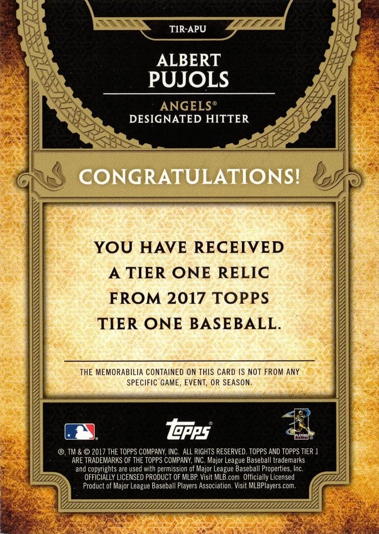 2017 Topps Tier One Relics #T1R-APU Albert Pujols Game Worn Angels Jersey Baseball Card - Only 331 made!