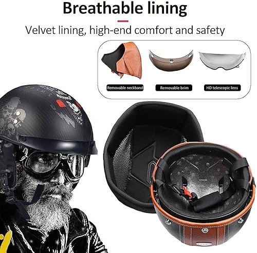 Miniatura 3 de Cascos Moto Retro Jet Vintage Medio, DOT Homologado Visera Retráctil PC y Hebilla Rápida, Desmontable para Hombre Mujer Adultos, Scooter Crucero