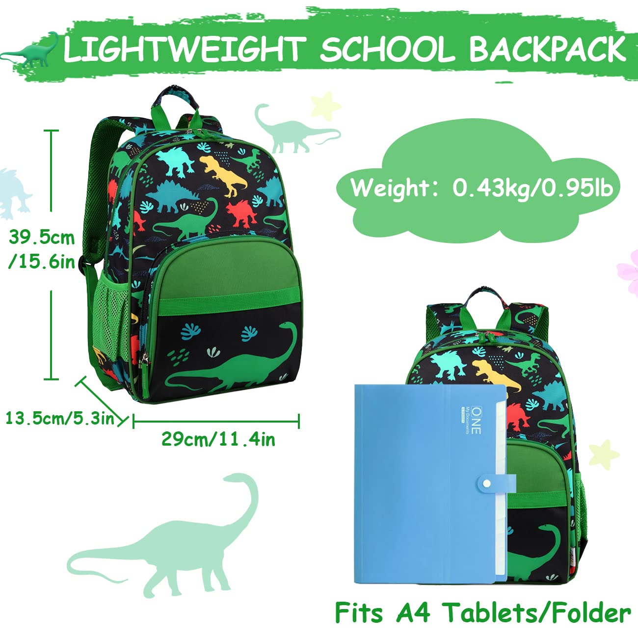 RAVUO Dinosaur Backpack for Boys, Cute Lightweight School Backpack Water Resistant Toddler Daypack Bookbag with Chest Strap