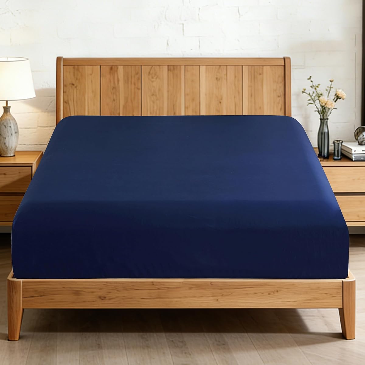 100% Egyptian Cotton King Size Fitted Sheet, 600 Thread Count, 16" Deep Pocket Sateen Weave Fitted Sheet, Soft Breathable Hotel Quality, Durable Bottom Sheet Only (King, Navy Blue)