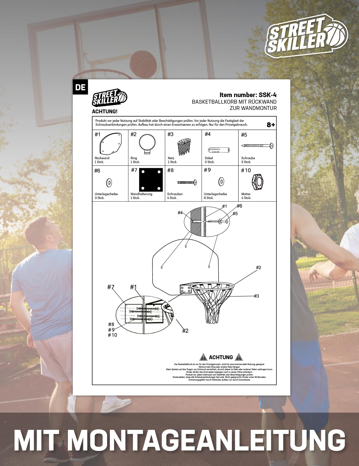 STREETSKILLER Basketballkorb 43 cm Durchmesser Board geflochtenes Netz Wandhalterung Montagezubehör