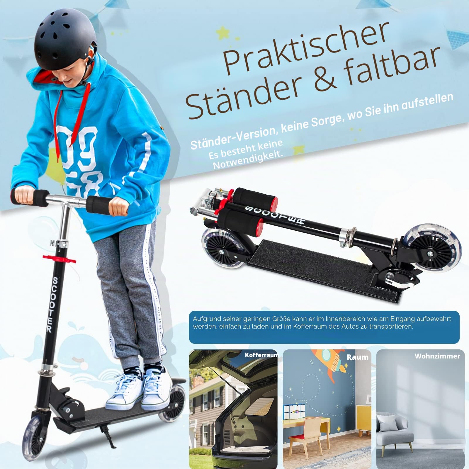 2-rädriger Kinder Scooter 5-8 Jahre, faltbar, höhenverstellbarer Lenker | Roller für Kinder, leicht, Kinderroller mit Leuchträdern, klappbarer Kinderscooter, beleuchtete Räder, Hinterradbremse
