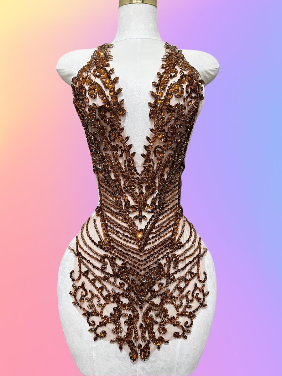 Handmade Rhinestones Large Bodice Applique Glass Stones Beads Bright Crystal Lace Patches Accessories for Weding Dress Decorations (Brown)