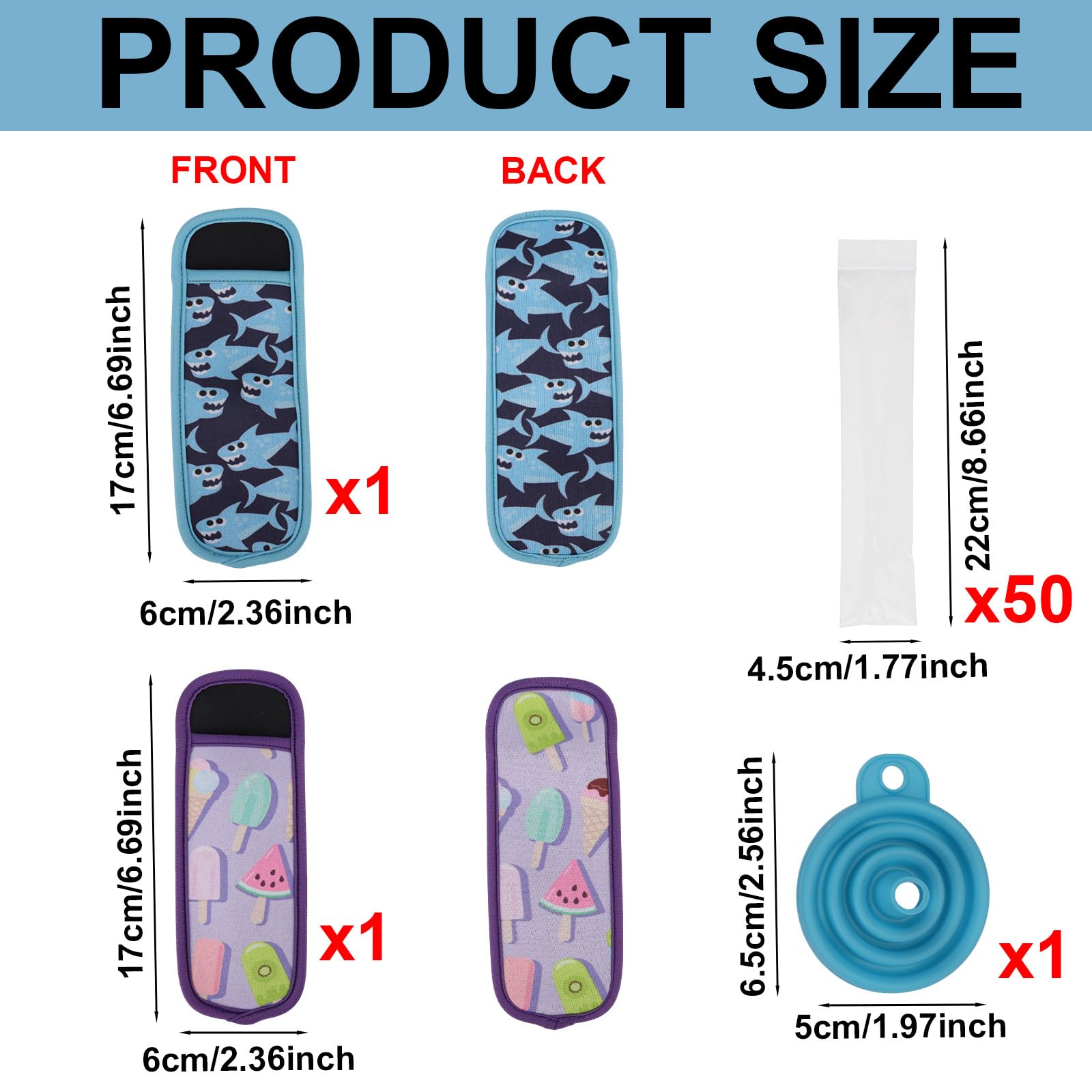 50pcs Ice Popsicle Stencil Bags, Neoprene Freezer Tubes with Dual Zip Seals & 2 Anti Freezing Sleeves Freezer Pop Bags for Kids Making Healthy Snacks Yogurt Juice Fruit