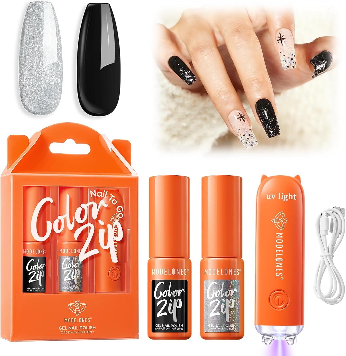 modelones 3 in 1 Black Silver Glitter Gel Nail Polish Kit with UV Light | One Step No Base or Top Coat Needed, Soak Off Formula, Fall Holiday Gift Set, Salon DIY Home Manicure