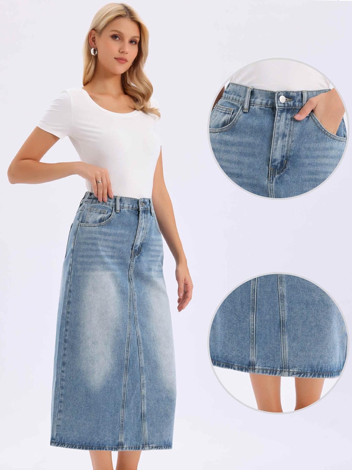 Allegra K Classic Denim Skirts for Womens Elasticated Waist Washed A Line Long Jean Skirt - Image 4