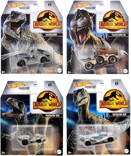 Hot Wheels Jurassic World - Juego de 4 vehículos fundidos a presión de GRM80-956A