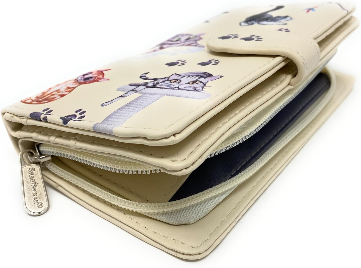 Shag Wear Playful Cats Large Wallet for Women and Teen Girls Vegan Faux Leather Beige 7"