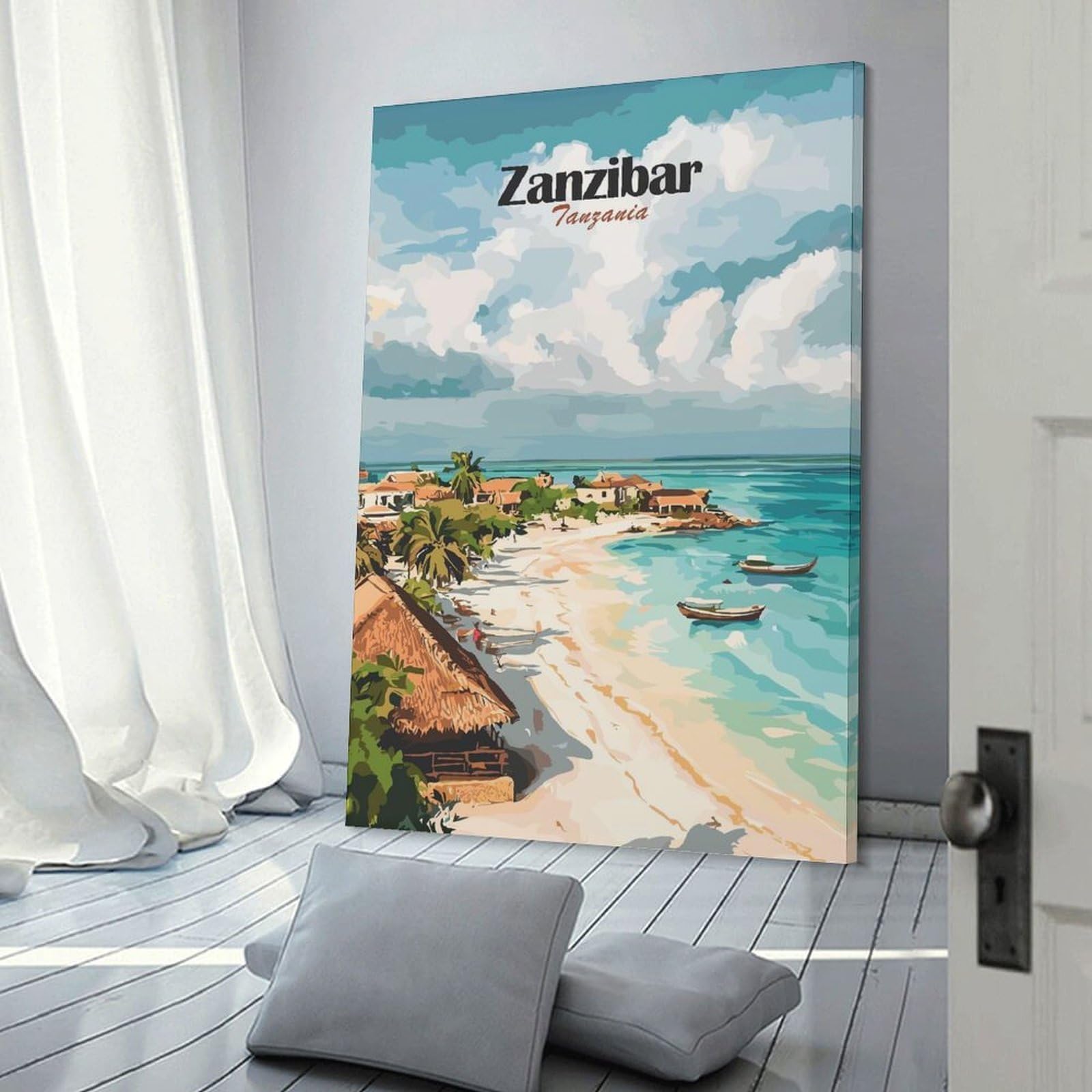 Junmoney Frame-Style-4 Wall Art Print Zanzibar Beach Scene, 20X30inch(50X75cm), For Living Room, Bedroom Or Apartment Walls, Modern Wall Decor For Cosy Interiors