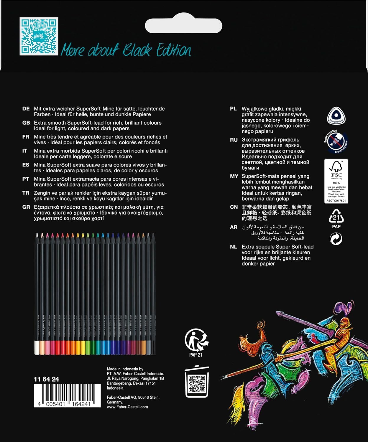 Faber-Castell Black Edition 24 Matite Colorate, Resistenti alla Rottura, Impugnatura Ergonomica, Valigetta per Carta Chiara e Scura