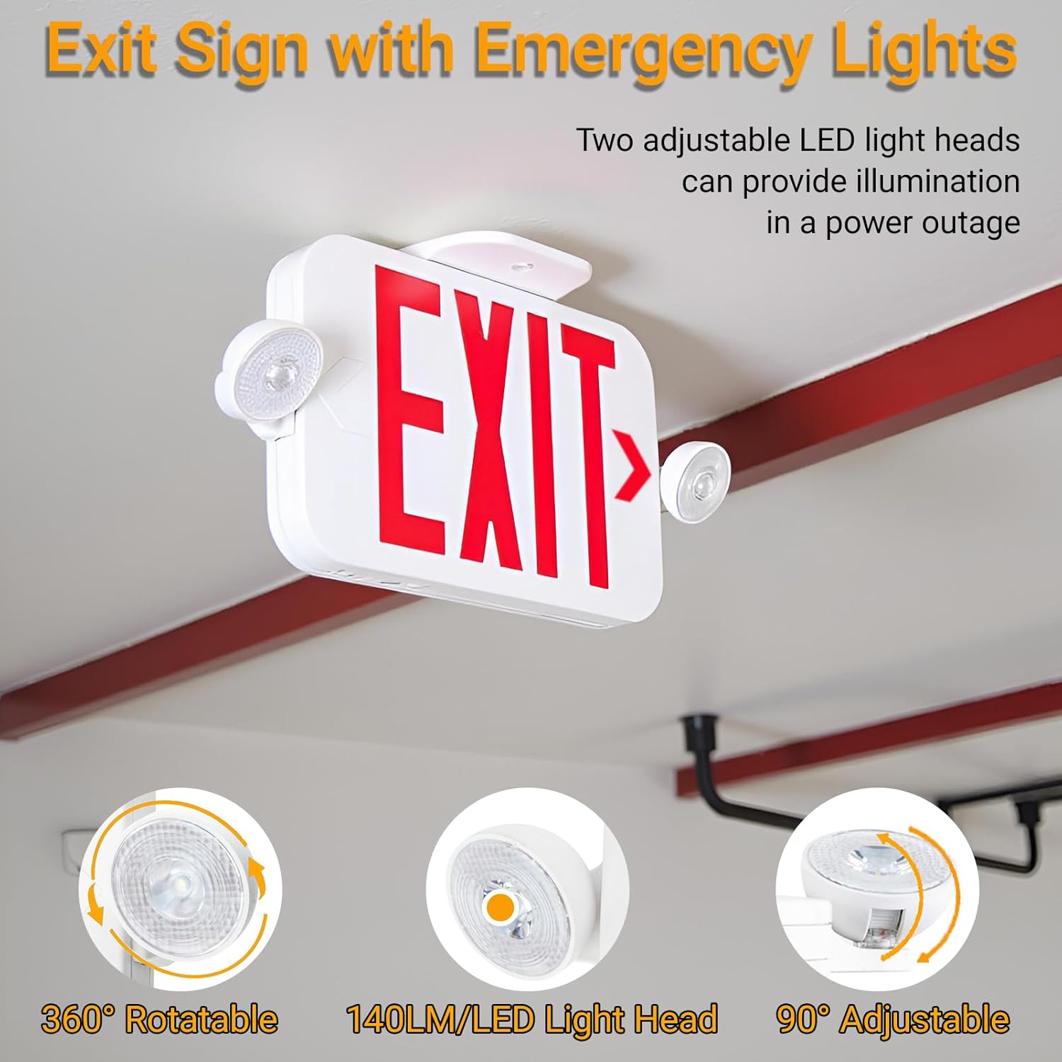 LIT-PaTH LED Combo EXIT Sign with 2 Adjustable Head Lights and Doube Face, Back Up Batteries- US Standard Red Letter Emergency Exit Lighting, UL 924 and CEC Qualified, 120-277 Voltage, 1-Pack