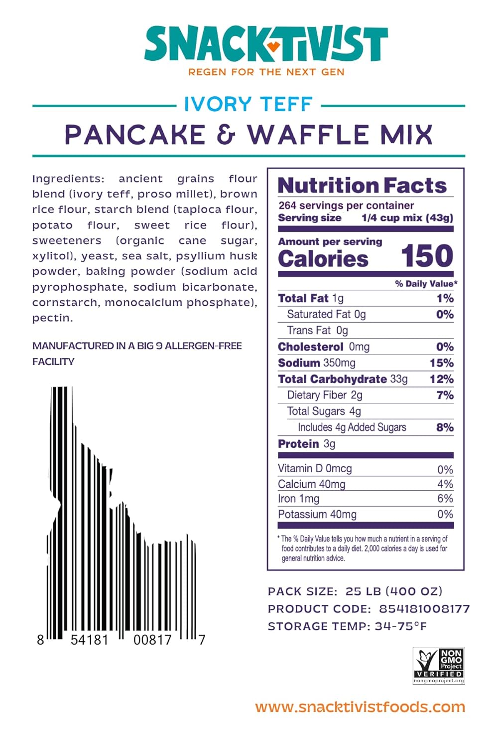Snacktivist Foods - Ivory Teff Pancake & Waffle Mix, Gluten-Free, Non-GMO, Egg-Free, Dairy-Free, 25 Pounds Bulk Bag