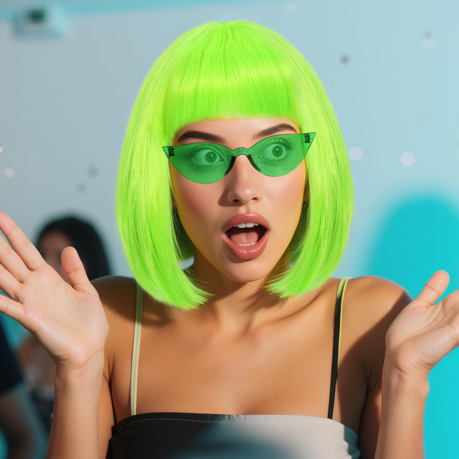 Green Bob Wigs Colorful 3 Pcs Funny Wigs for Women Costume Party Wig for St Patrick'S Day Short Neon Green Wig Cosplay Outfit Halloween Party +Sunglasses+clarahead Hair Cap - Image 2