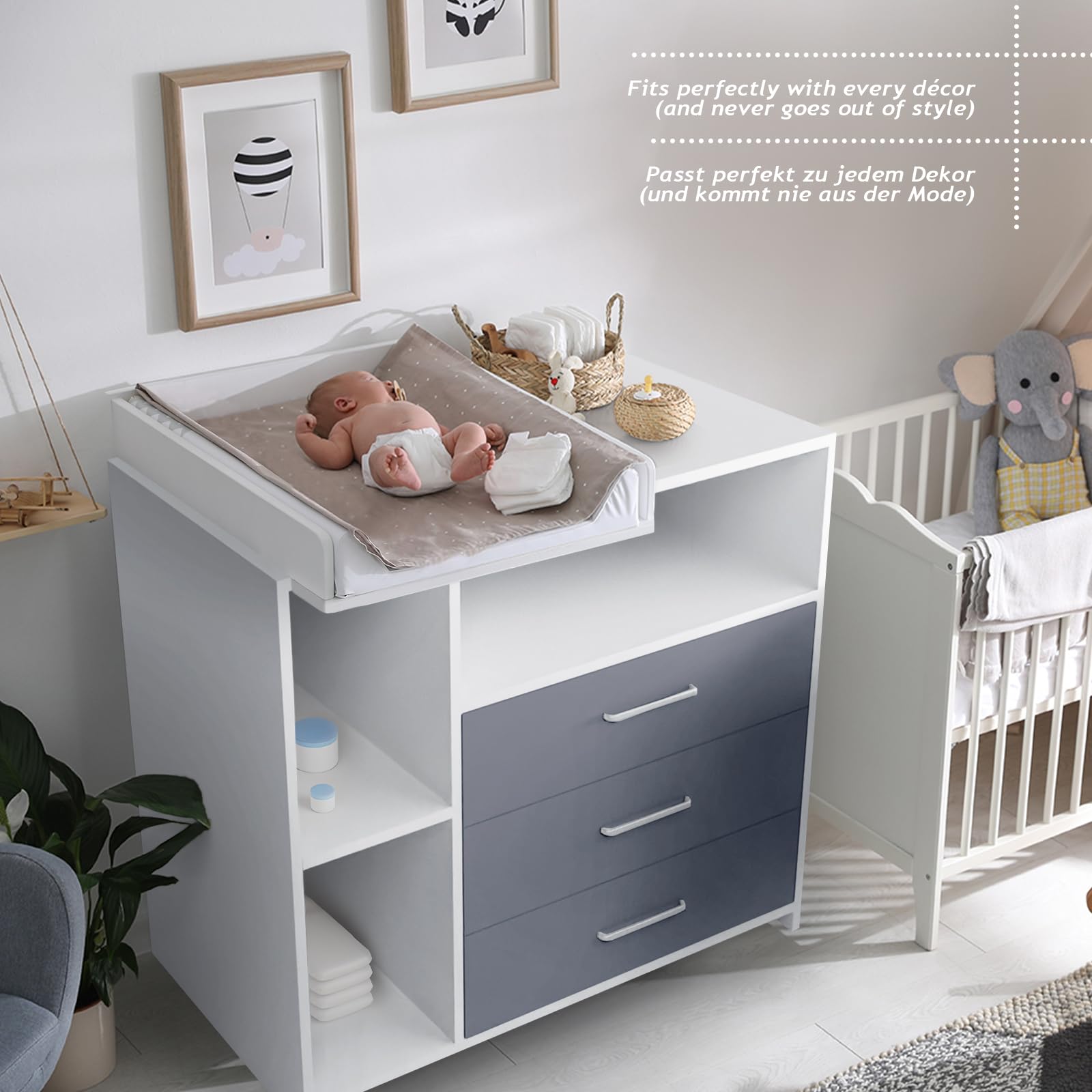 Infantastic® Fasciatoio Neonato con Cassettiera - 3 Cassetti, 3 Scomparti Aperti, 113x70x101, MDF, Bianco/Grigio - Arredamento, Mobile Cameretta da Bambini, Armadio Neonato, Organizzatore per Bebè