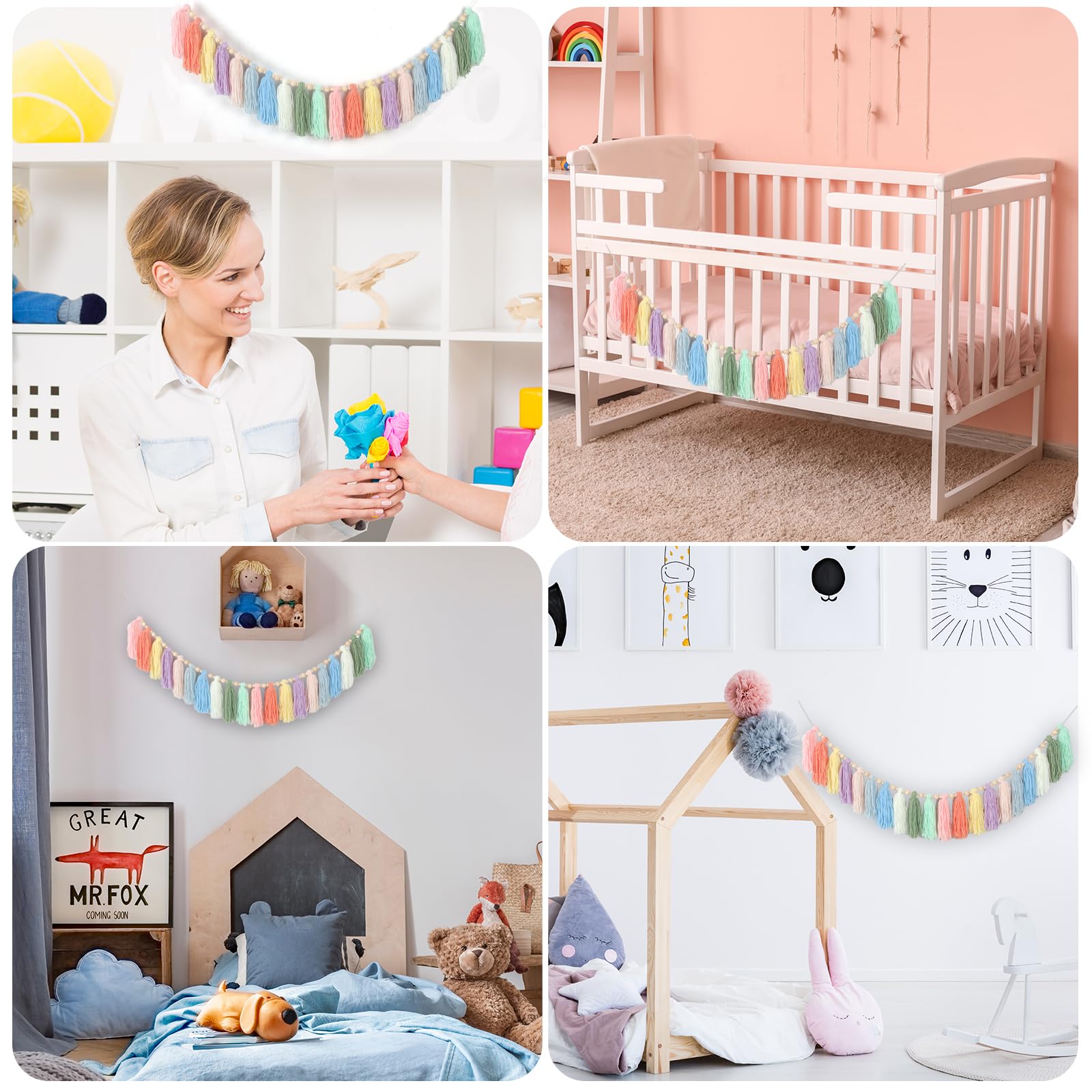 GIAUMA Tęczowa boho przędza frędzle girlanda z drewnianymi koralikami pastelowe kolorowe wiszące na ścianie frędzle baner Święto Dziękczynienia żniwa przyjęcie dekoracja przedszkola klasa baby shower