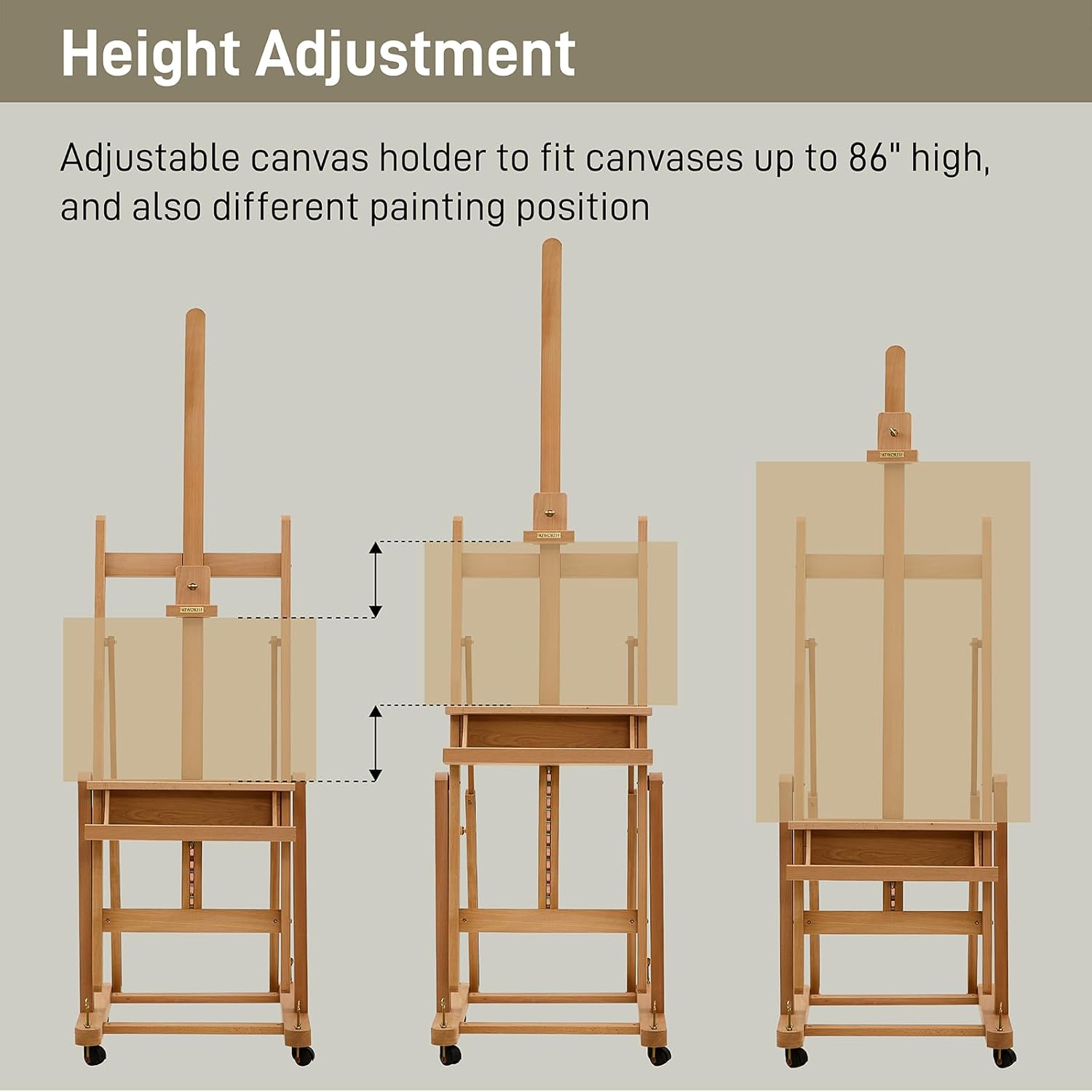 Heavy Duty H Frame Easel for Painting: Professional Beech Wood Artist Easel Stand with Upgrade Hardware- Hold Canvas up to 86”, Extra Large Floor Painting Easel for Adults with 4 Wheels