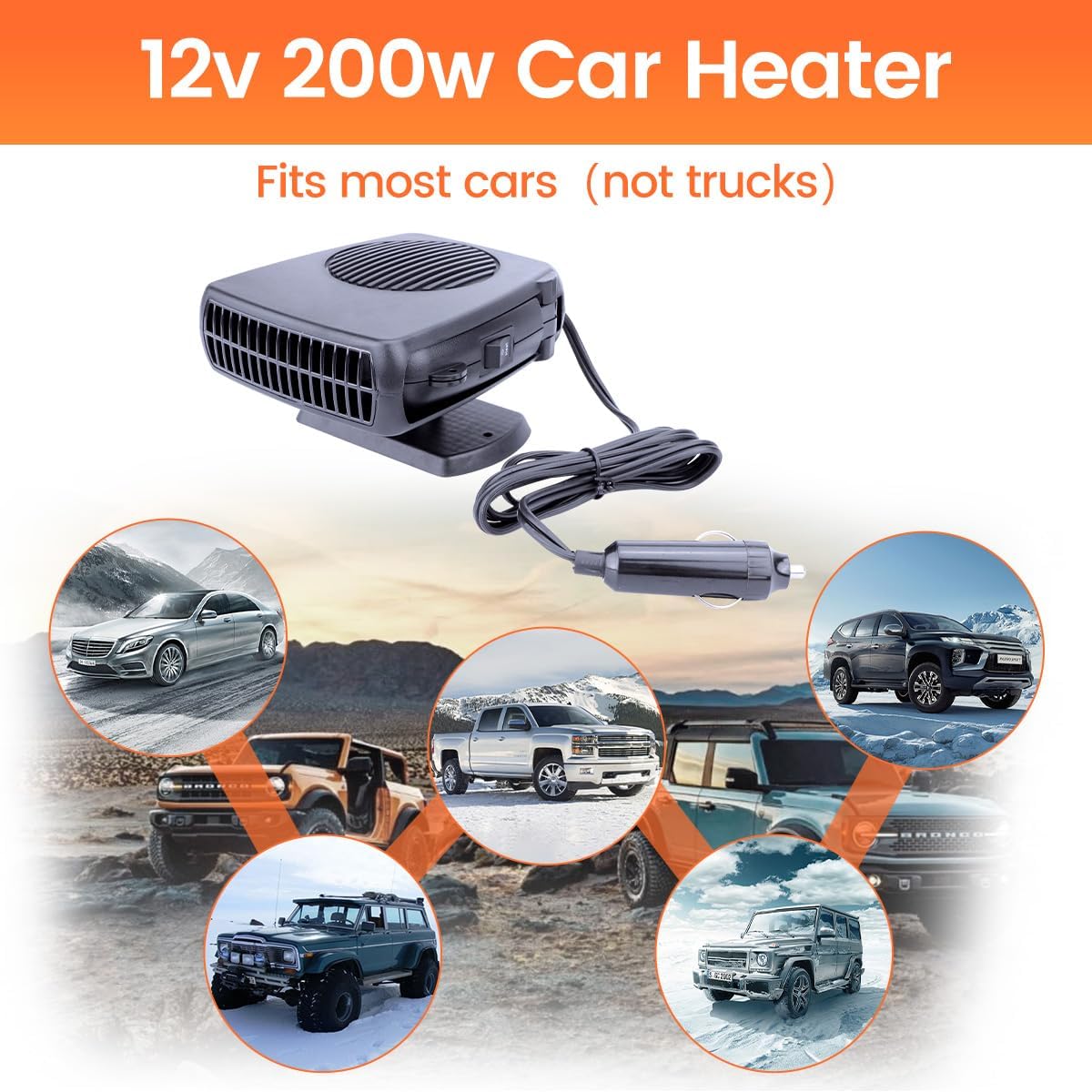 12V Car Heater,200W Portable Car Heater for Vehicle Car Windshield Heater Defrost Defogger Car Heater That Plugs Into Cigarette Lighter (Black)
