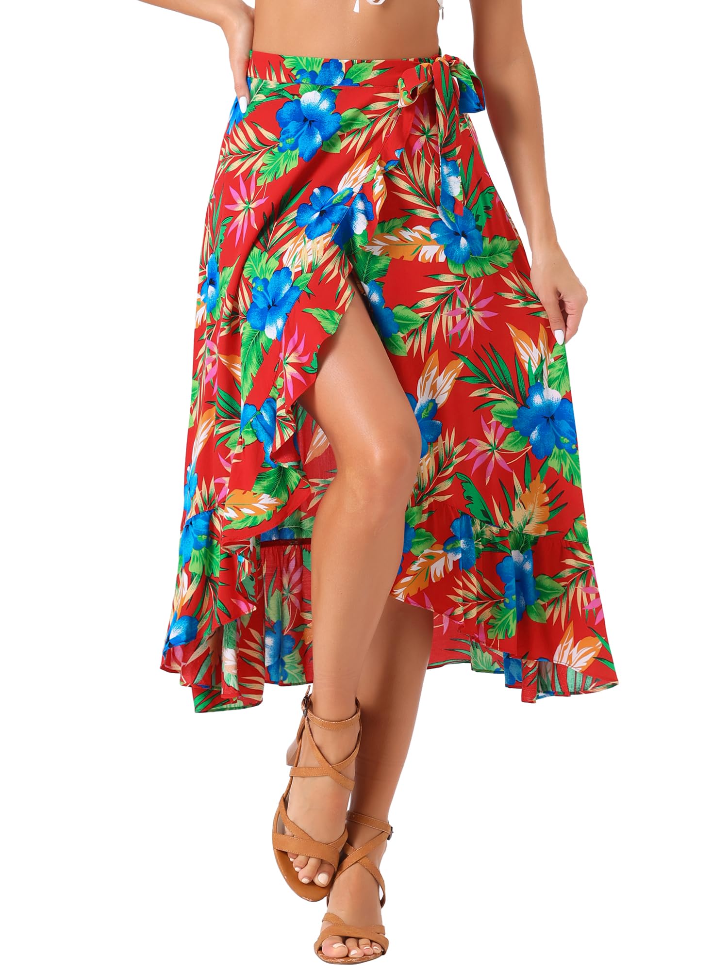 Allegra K Jupe portefeuille hawaïenne pour femme avec imprimé floral tropical et nœud à nouer soi-même